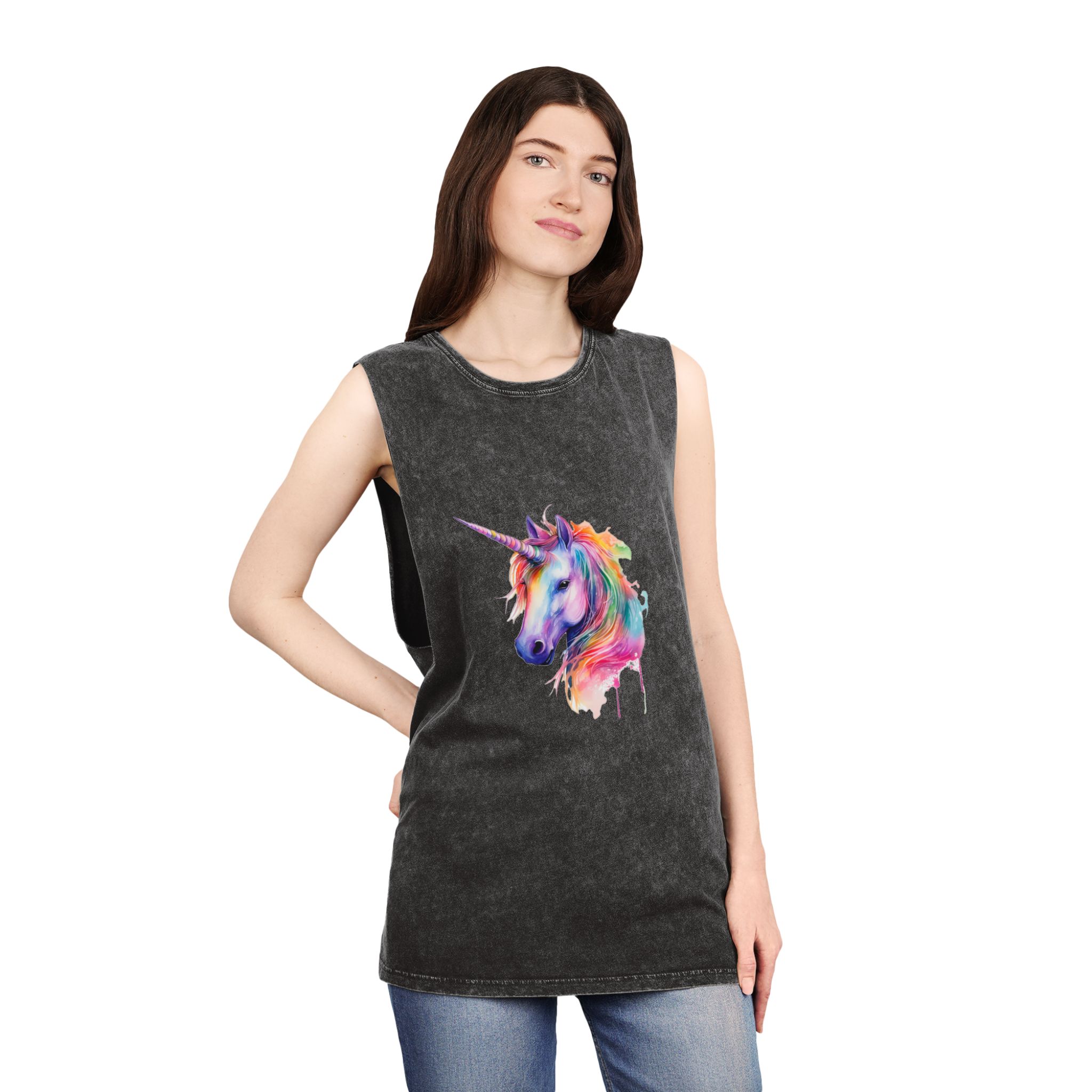 Unicorn Portrait Watercolor Illustration Rainbow Animal Watercolor Character Isolated White Copy Unisex Stonewash Tank Top - Image 4