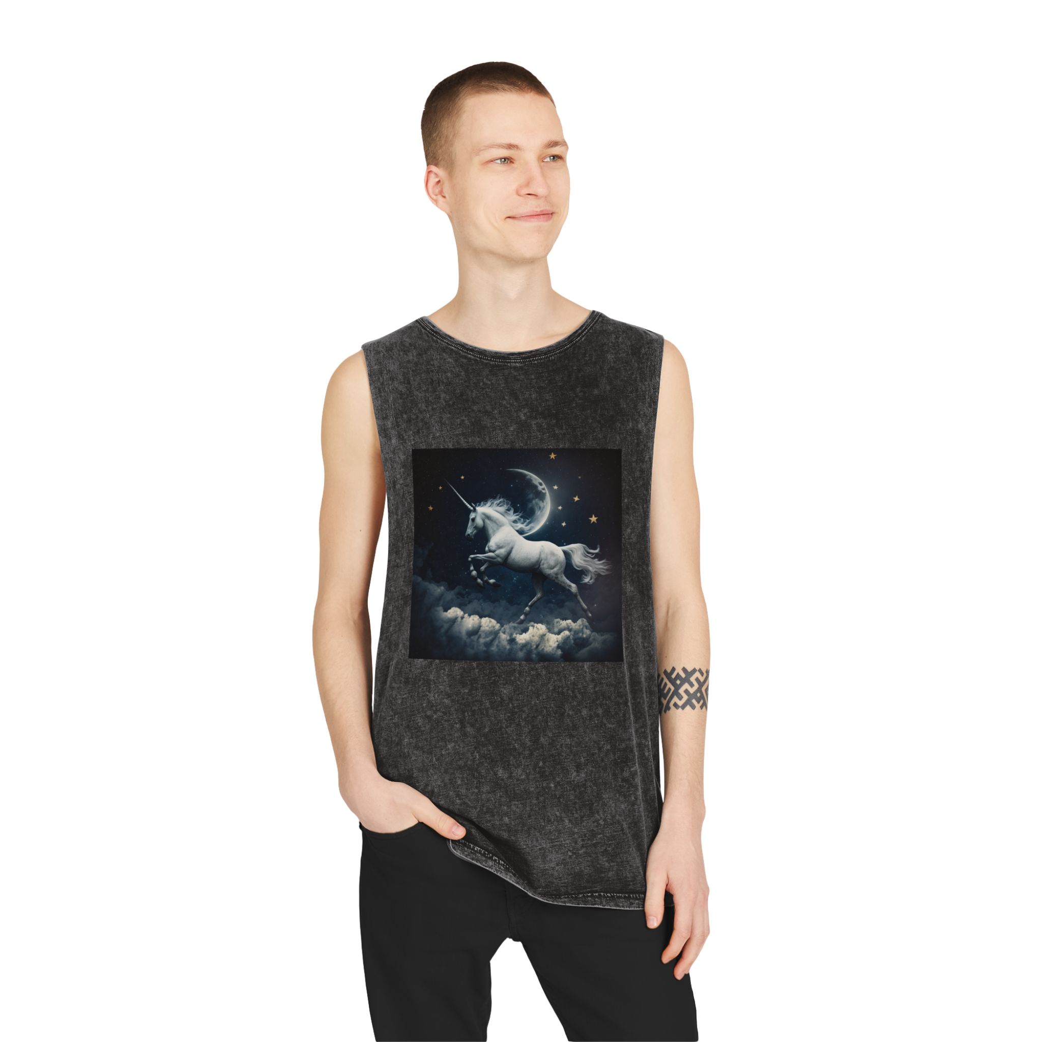 Unicorn Clouds With Full Moon Background Generative Ai Unisex Stonewash Tank Top - Image 3