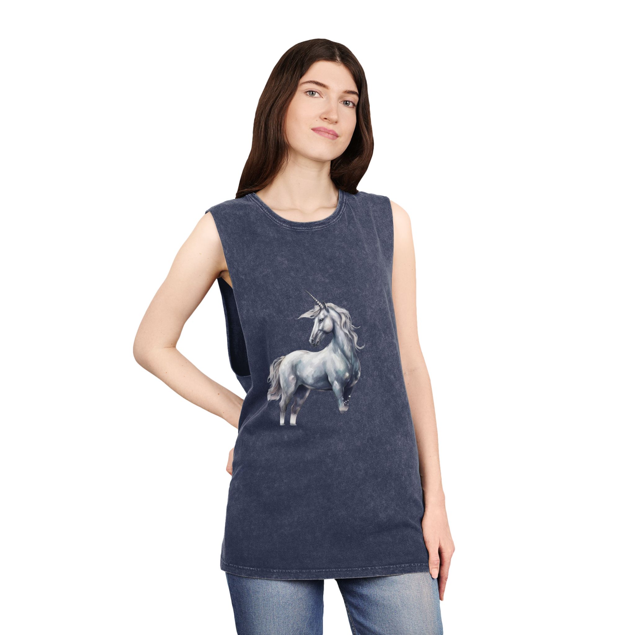 Painting White Unicorn With Long Horn Standing Snow Generative Ai Unisex Stonewash Tank Top - Image 16