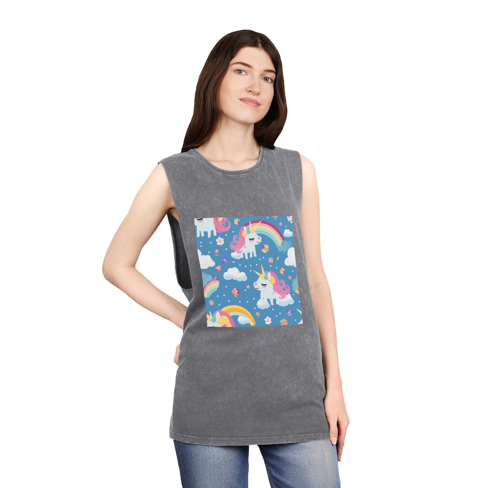 Playful Unicorns Flowers Clouds Rainbows Ice Creams Pastel Background (17) Unisex Stonewash Tank Top - Image 12