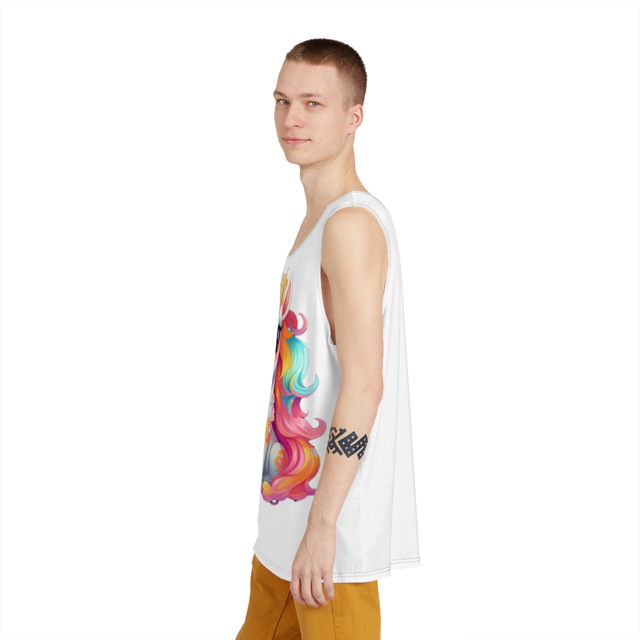 There Is Cartoon Unicorn With Long Hair Pink Dress Generative Ai Mens Tank Aop