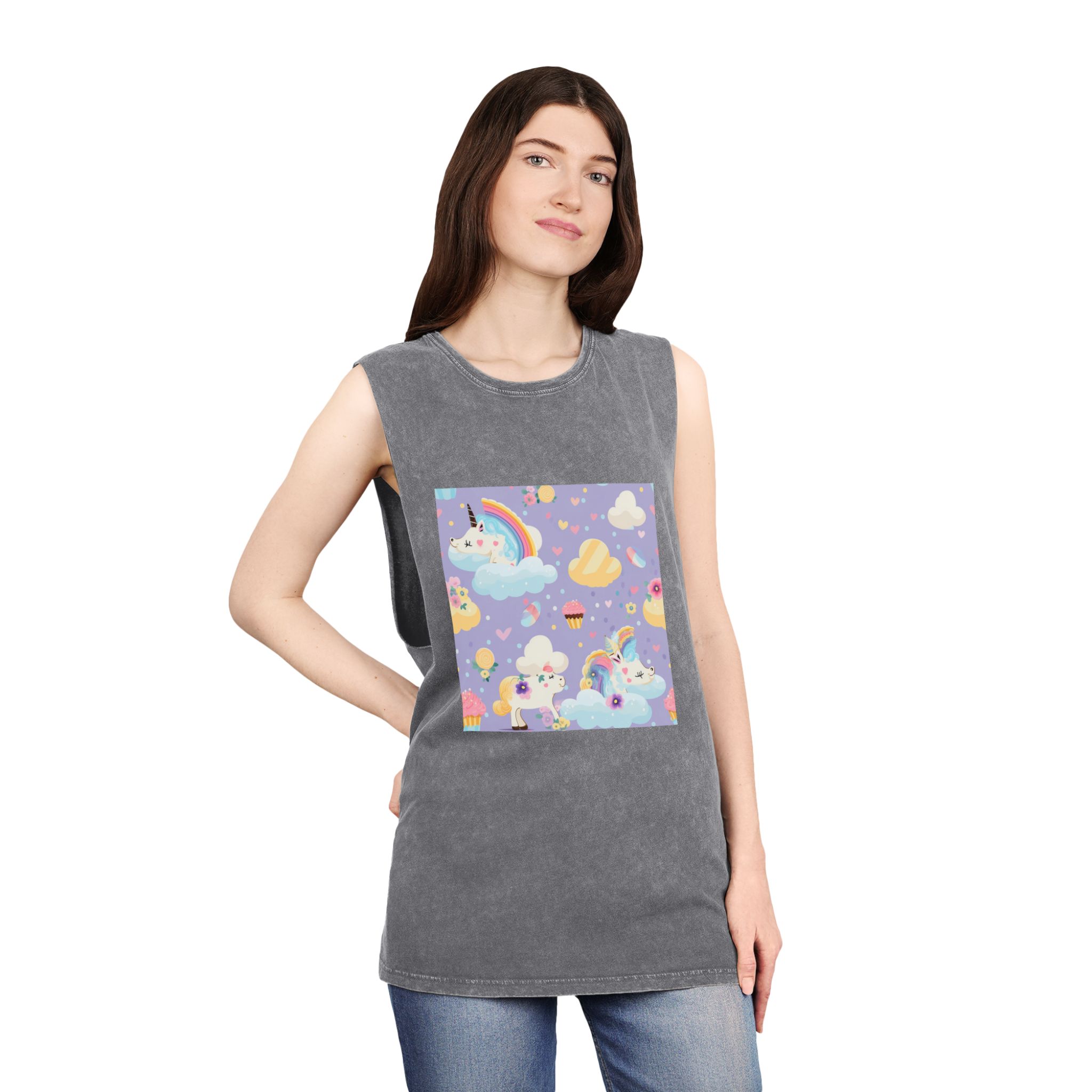 Playful Unicorns Among Flowers Clouds Rainbows Ice Creams Pastel Background (4) Unisex Stonewash Tank Top - Image 12
