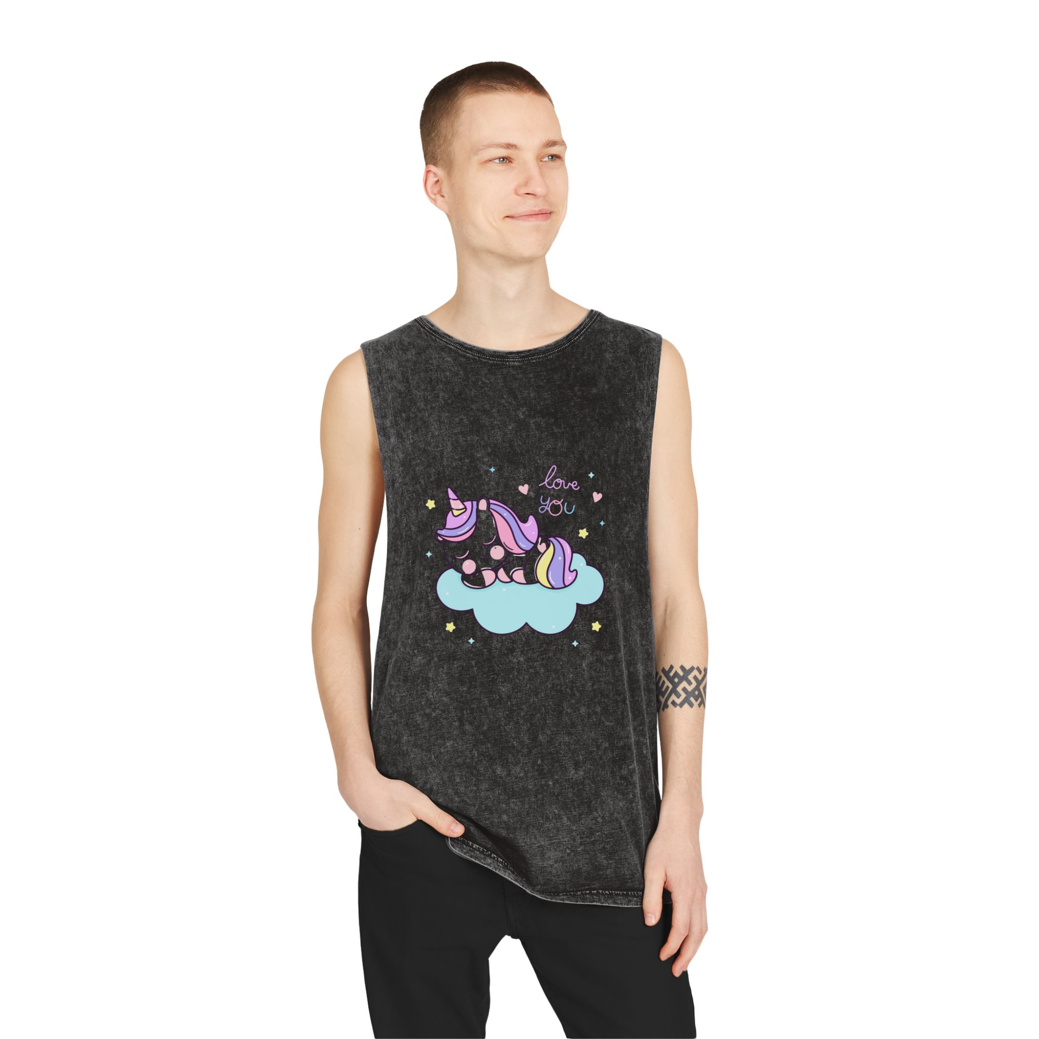 Cute Unicorn Sleep Cartoon Cloud Sweet Dream Kawaii Hand Drawn Unisex Stonewash Tank Top - Image 3
