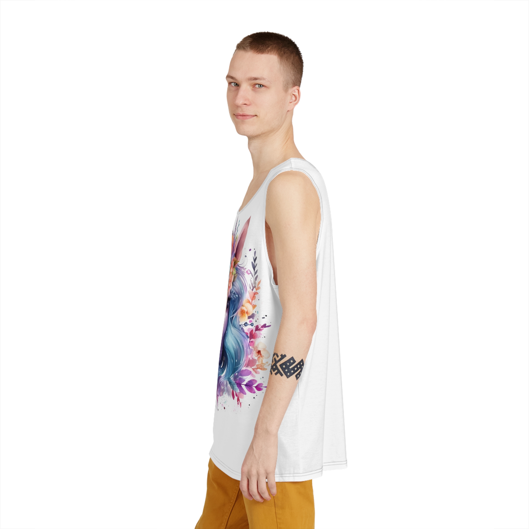Cute Colorful Magic Unicorn With Flowers Watercolor Style (5) Mens Tank Aop
