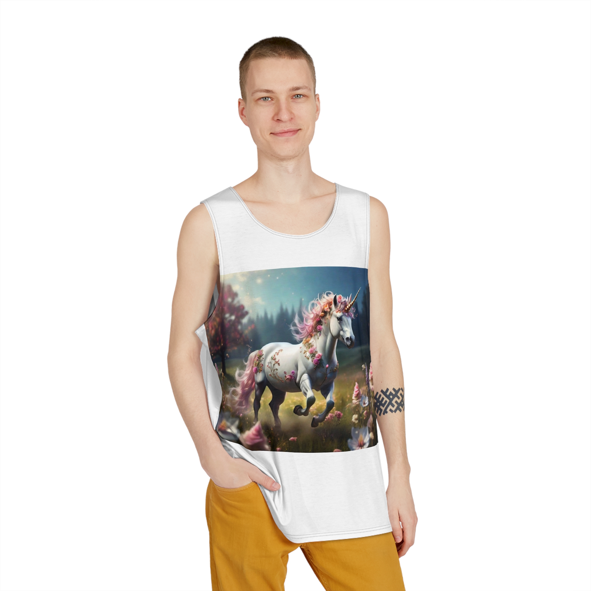 Beautiful Unicorn Running Magical Meadow Unicorn Background Images Whimsical Unicorn (38) Mens Tank Aop - Image 3