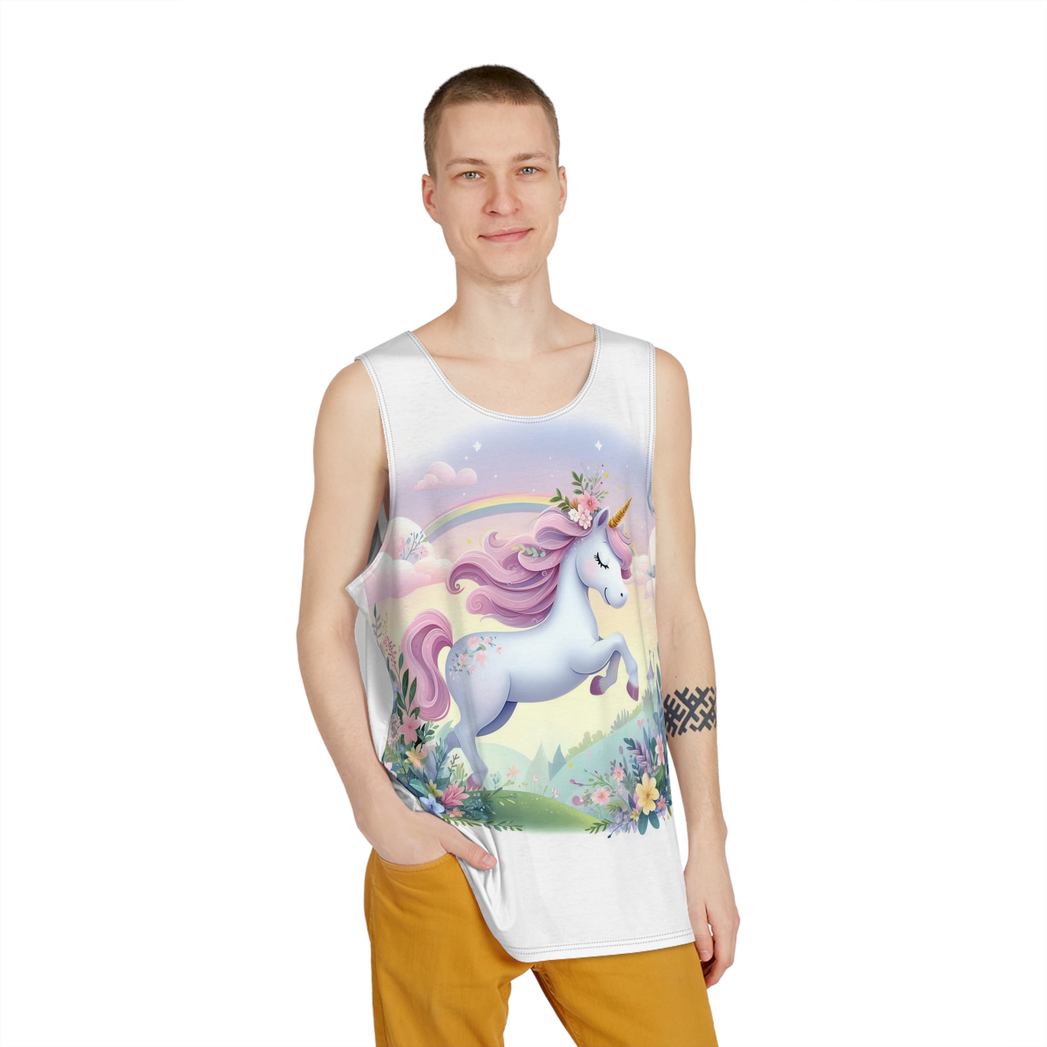 Beautiful Unicorn Running Magical Meadow Unicorn Background Images Whimsical Unicorn (11) Mens Tank Aop - Image 3