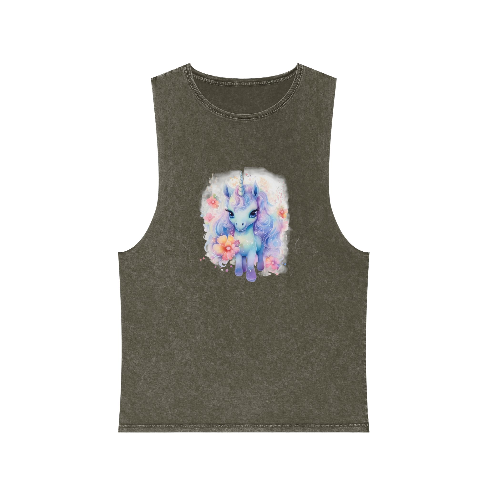 Cute Colorful Magic Unicorn With Flowers Watercolor Style Copia Unisex Stonewash Tank Top - Image 5