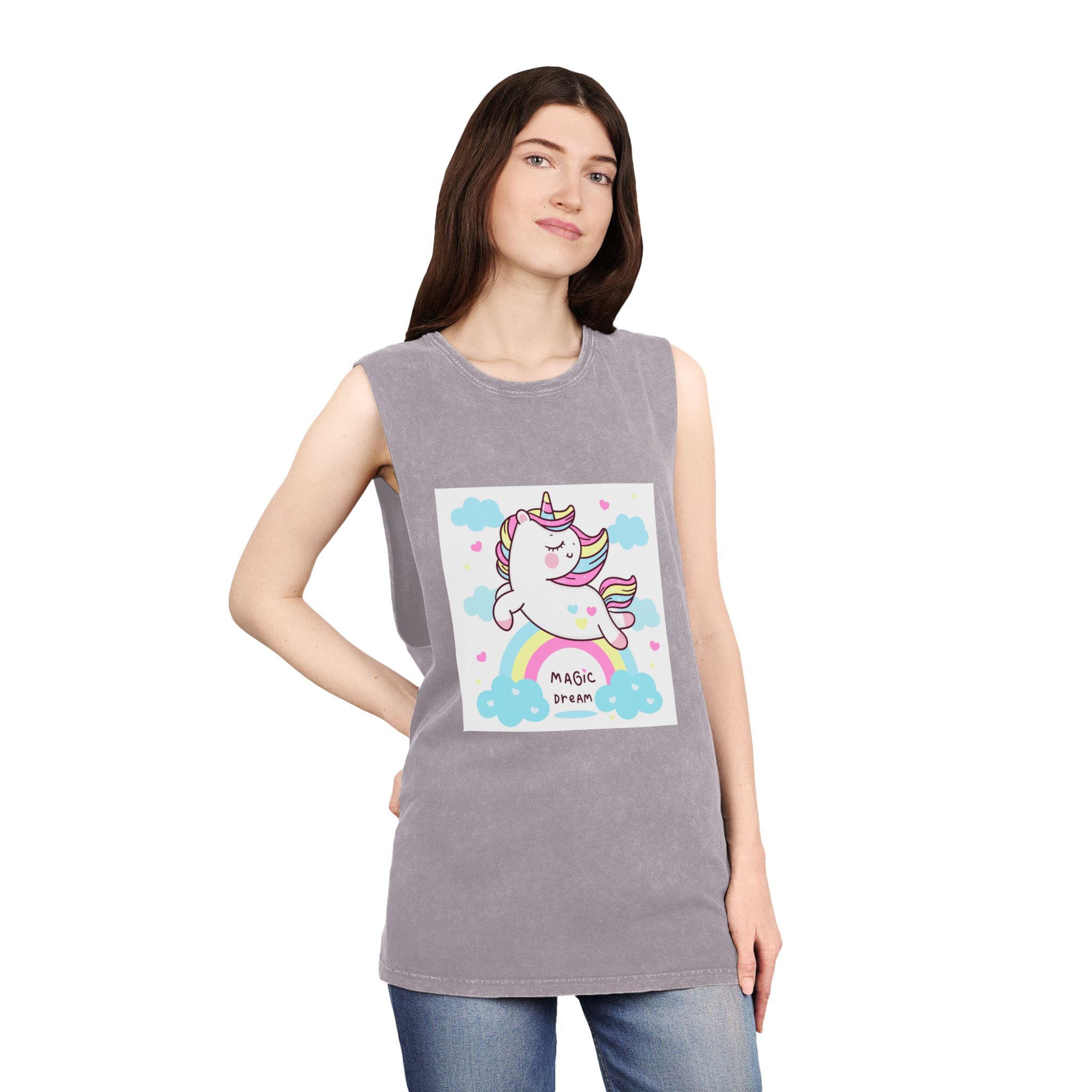 Cute Unicorn Pegasus Vector Fly On Sky With Rainbow Sweet Heart and Cloud Pony Cartoon Pastel Background Valentines Day Unisex Stonewash Tank Top - Image 20