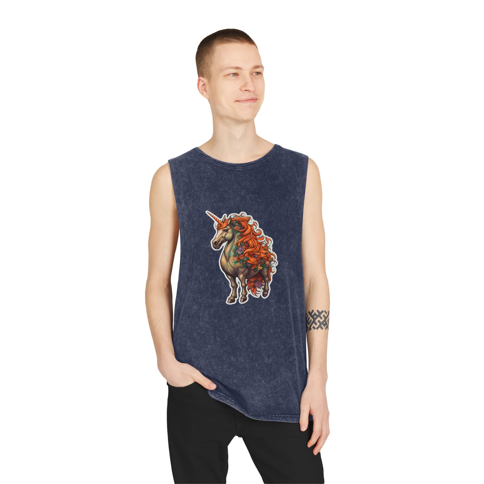 Drawing Unicorn With Flowers Picture Unicorn Unisex Stonewash Tank Top - Image 15