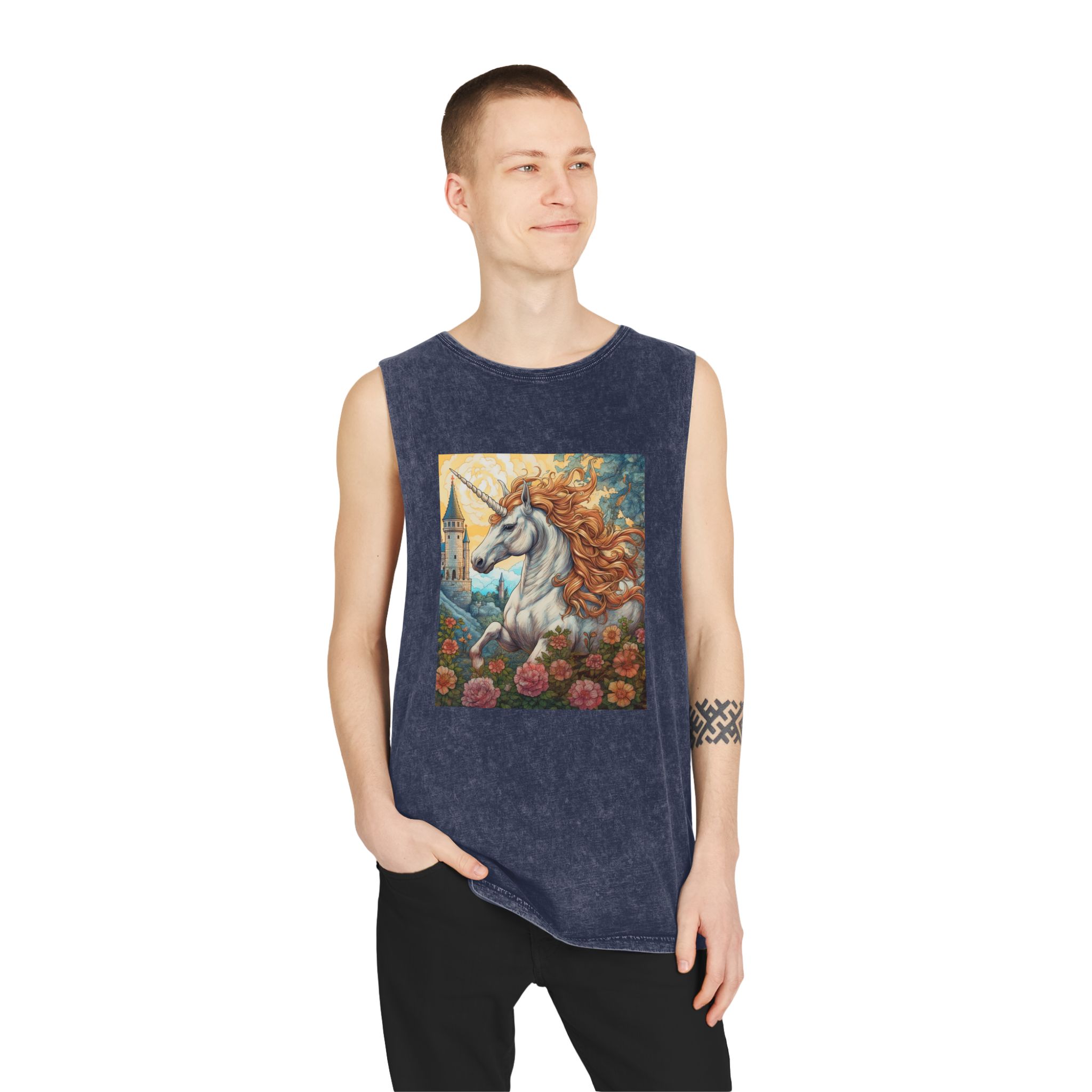 Painting Unicorn With Long Mane Castle Background Generative Ai Unisex Stonewash Tank Top - Image 15