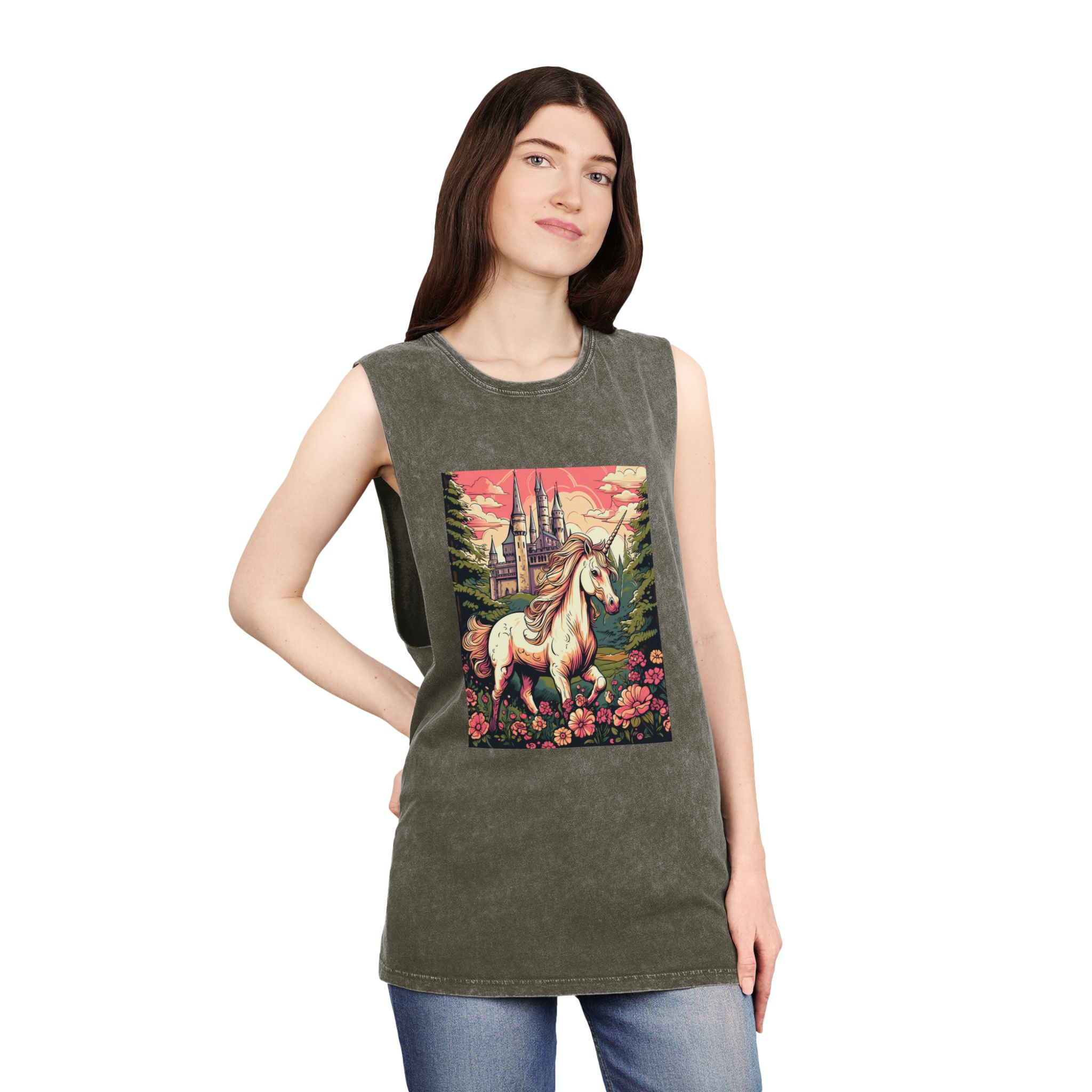 Unicorn Front Castle With Flowers Trees Generative Ai Unisex Stonewash Tank Top - Image 8