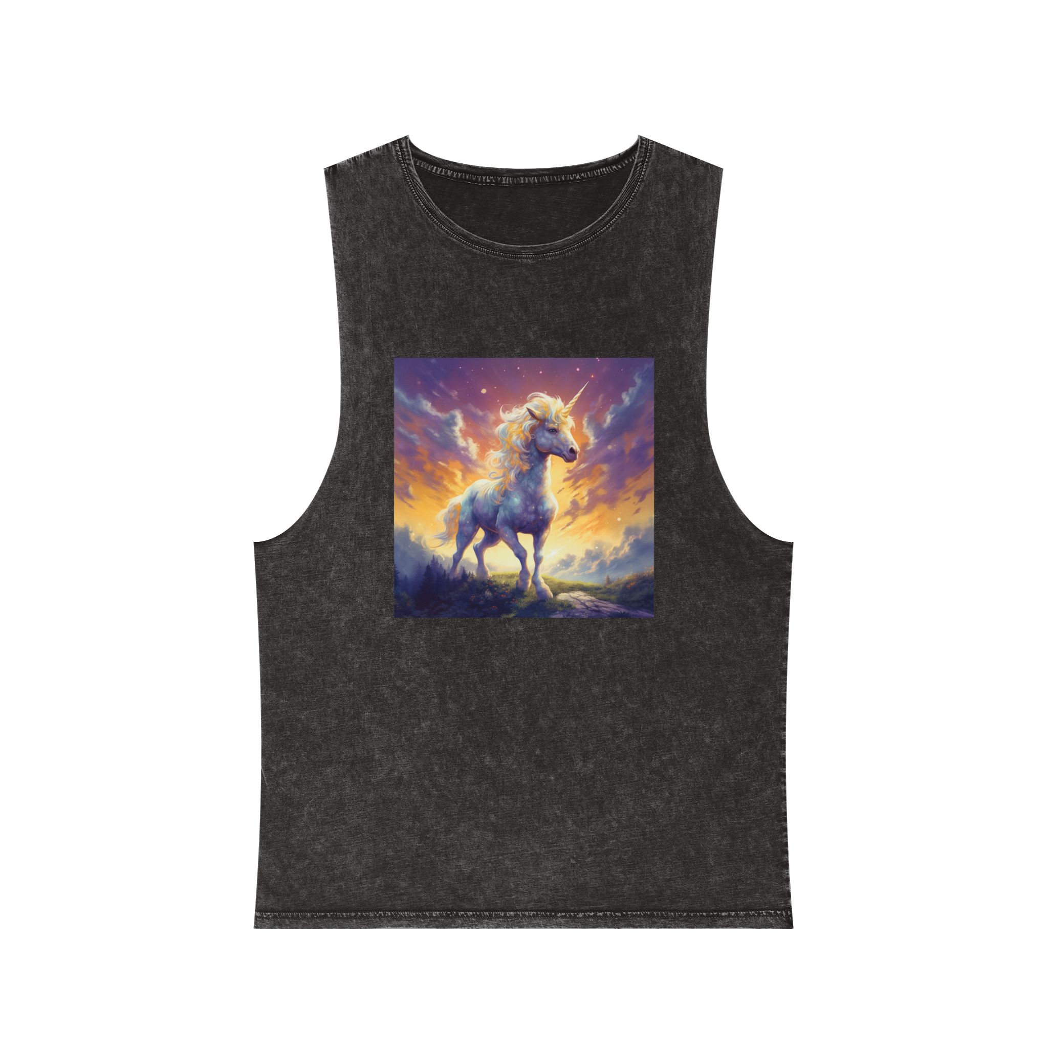 Painting Unicorn Standing Hill With Sunset Background Generative Ai (2) Unisex Stonewash Tank Top