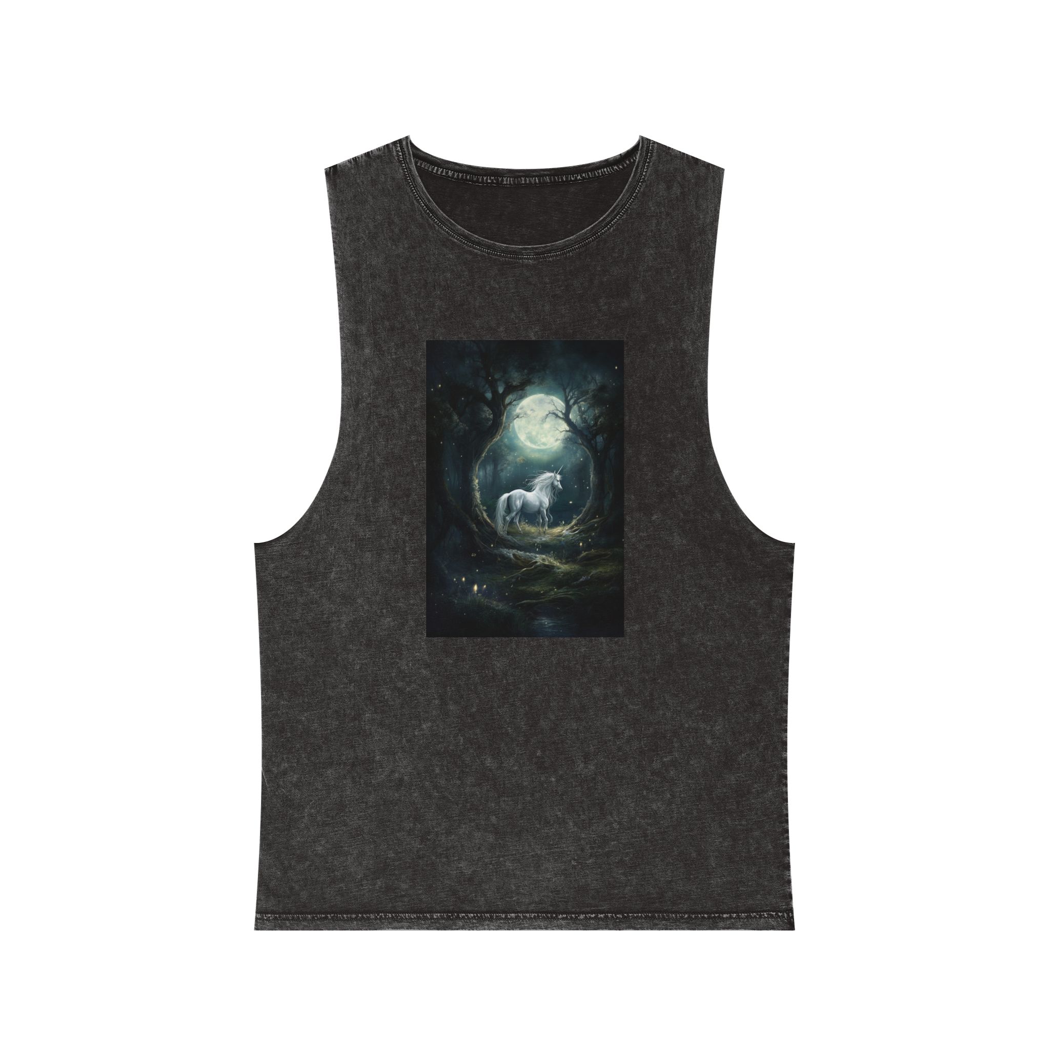 Unicorn Forest With Full Moon Background Unisex Stonewash Tank Top