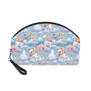 Playful Unicorns Among Flowers Clouds Rainbows Ice Creams Pastel Background (8) Makeup Bag