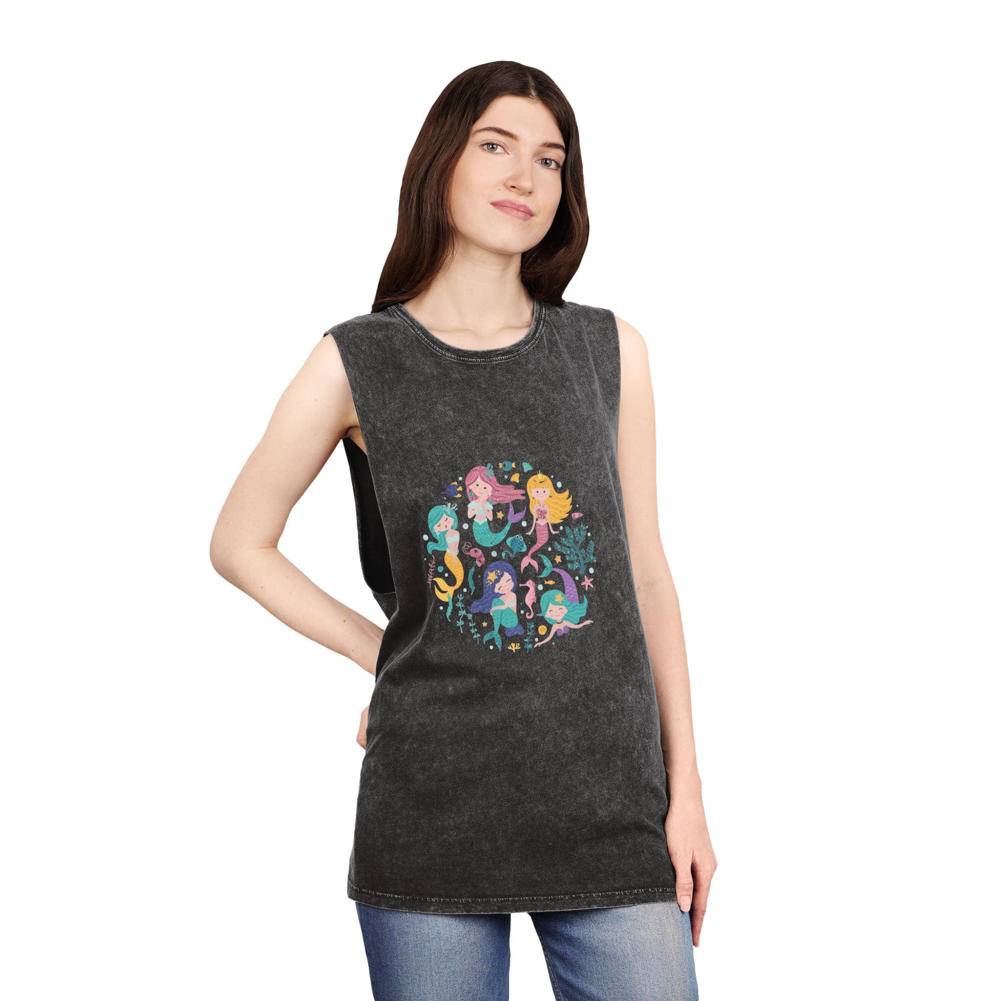 Poster With Mermaids Sea Animals Unisex Stonewash Tank Top - Image 4