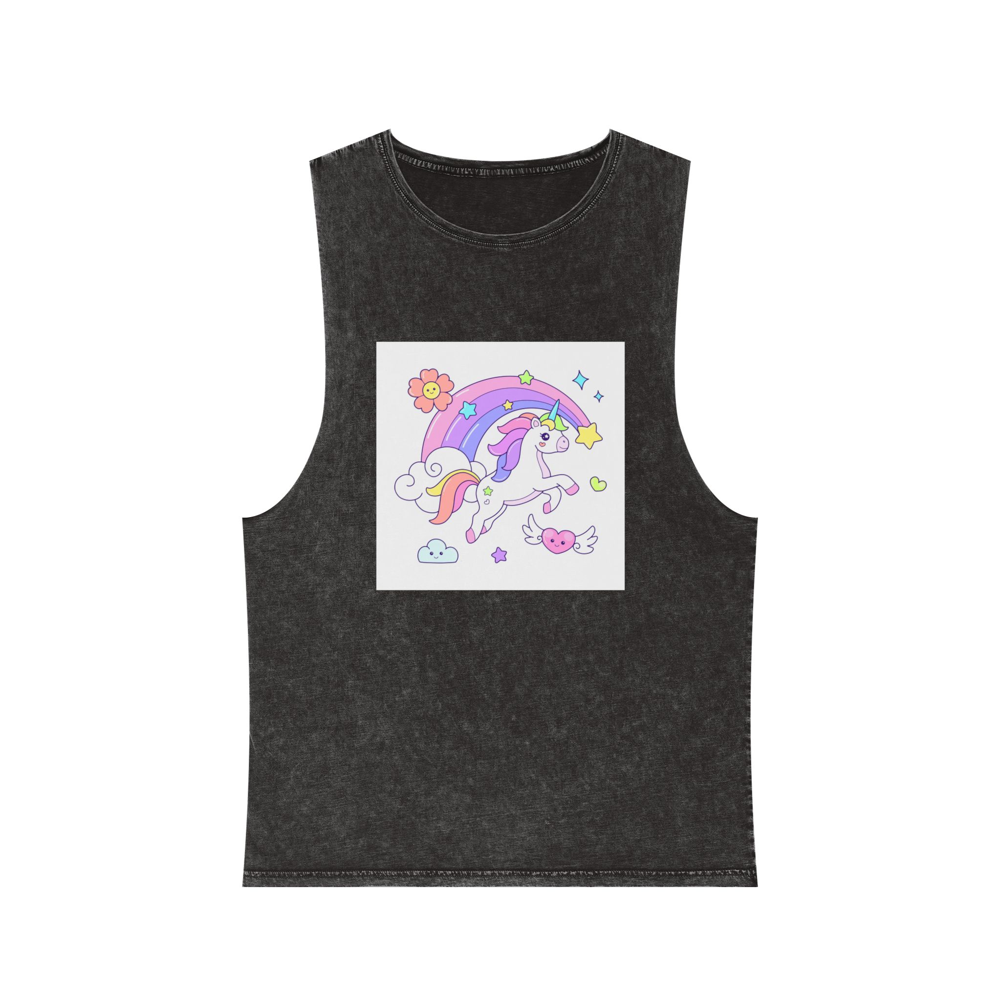 Cute Unicorn Flying Over the Rainbow Illustration Unisex Stonewash Tank Top