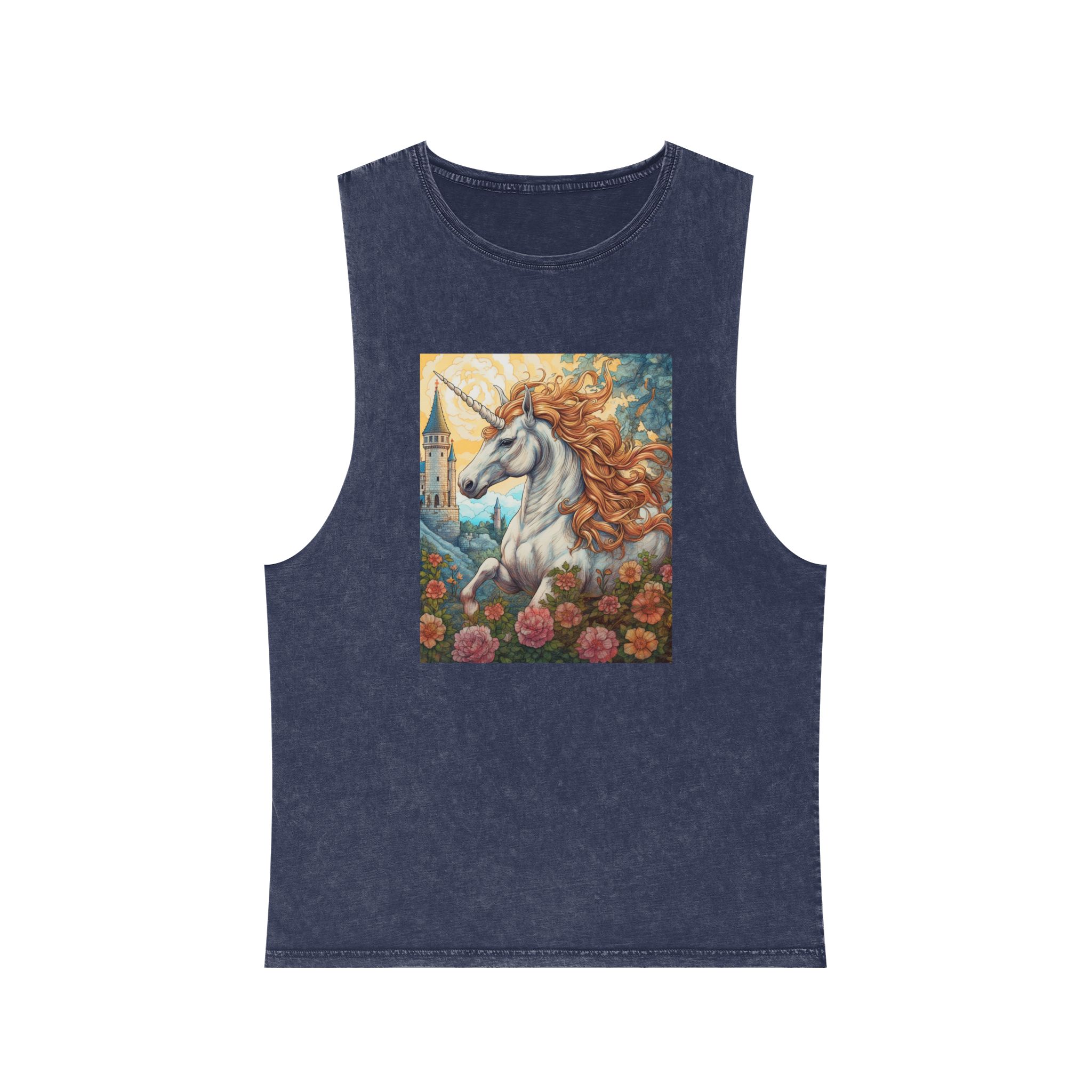 Painting Unicorn With Long Mane Castle Background Generative Ai Unisex Stonewash Tank Top - Image 13