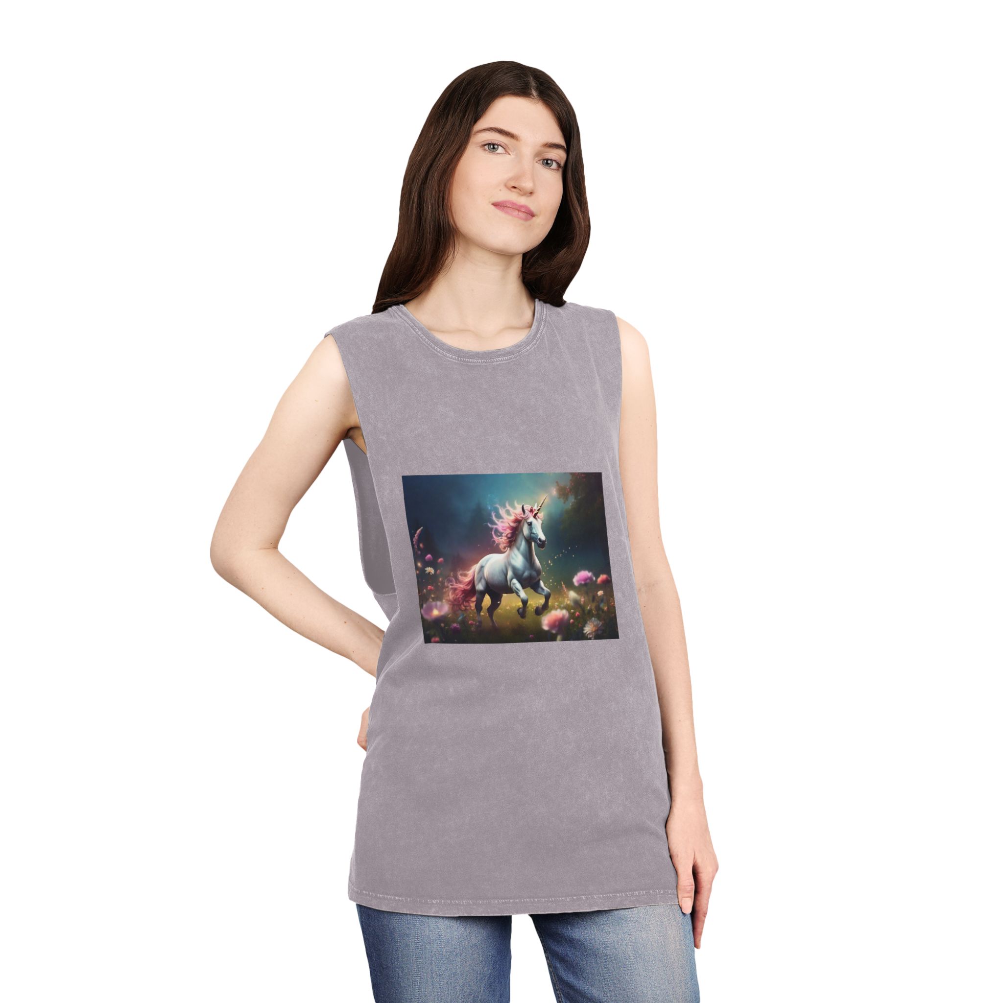 Beautiful Unicorn Running Magical Meadow Unicorn Background Images Whimsical Unicorn (22) Unisex Stonewash Tank Top - Image 20
