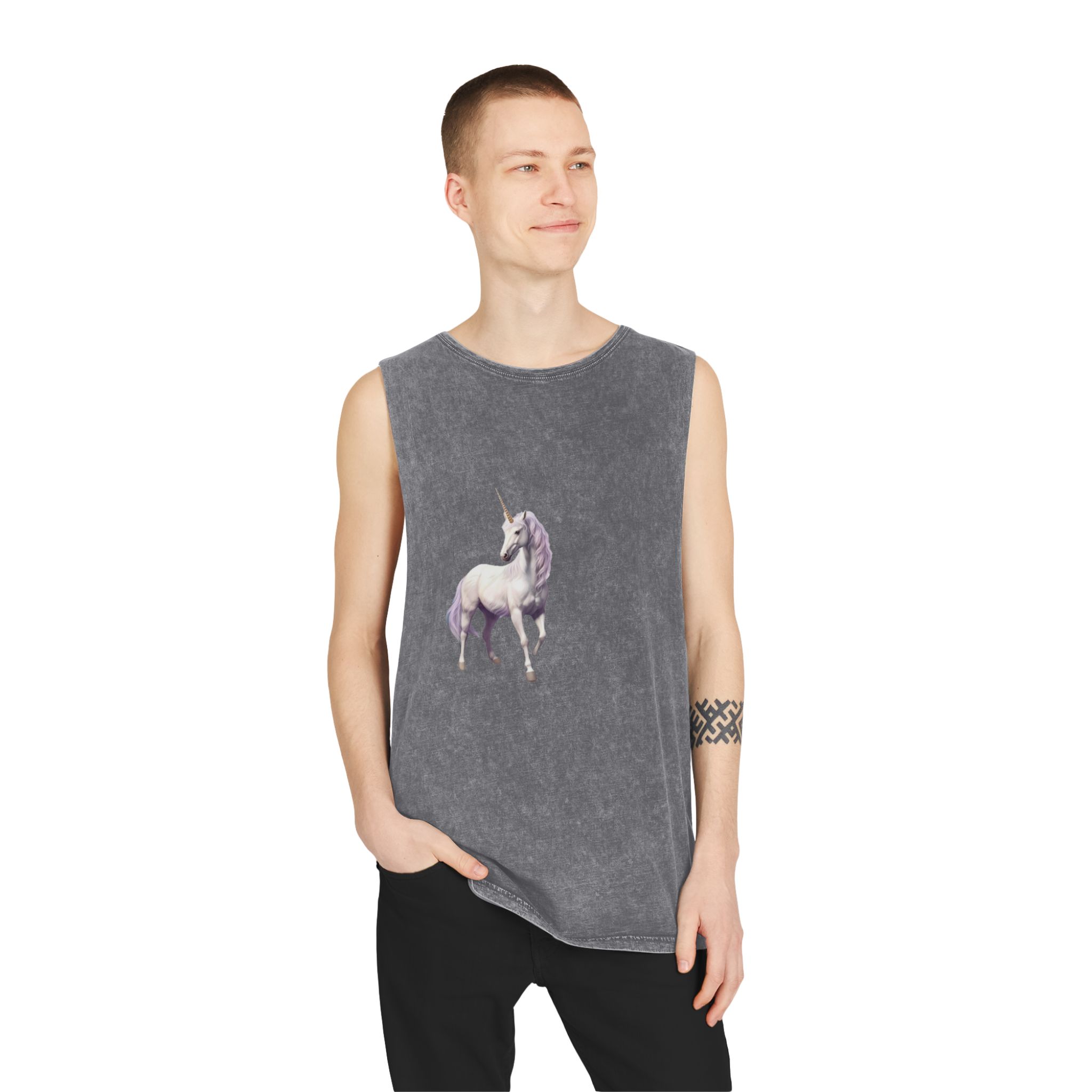 Unicorn Standing Field Flowers With Mountains Background Generative Ai Unisex Stonewash Tank Top - Image 11
