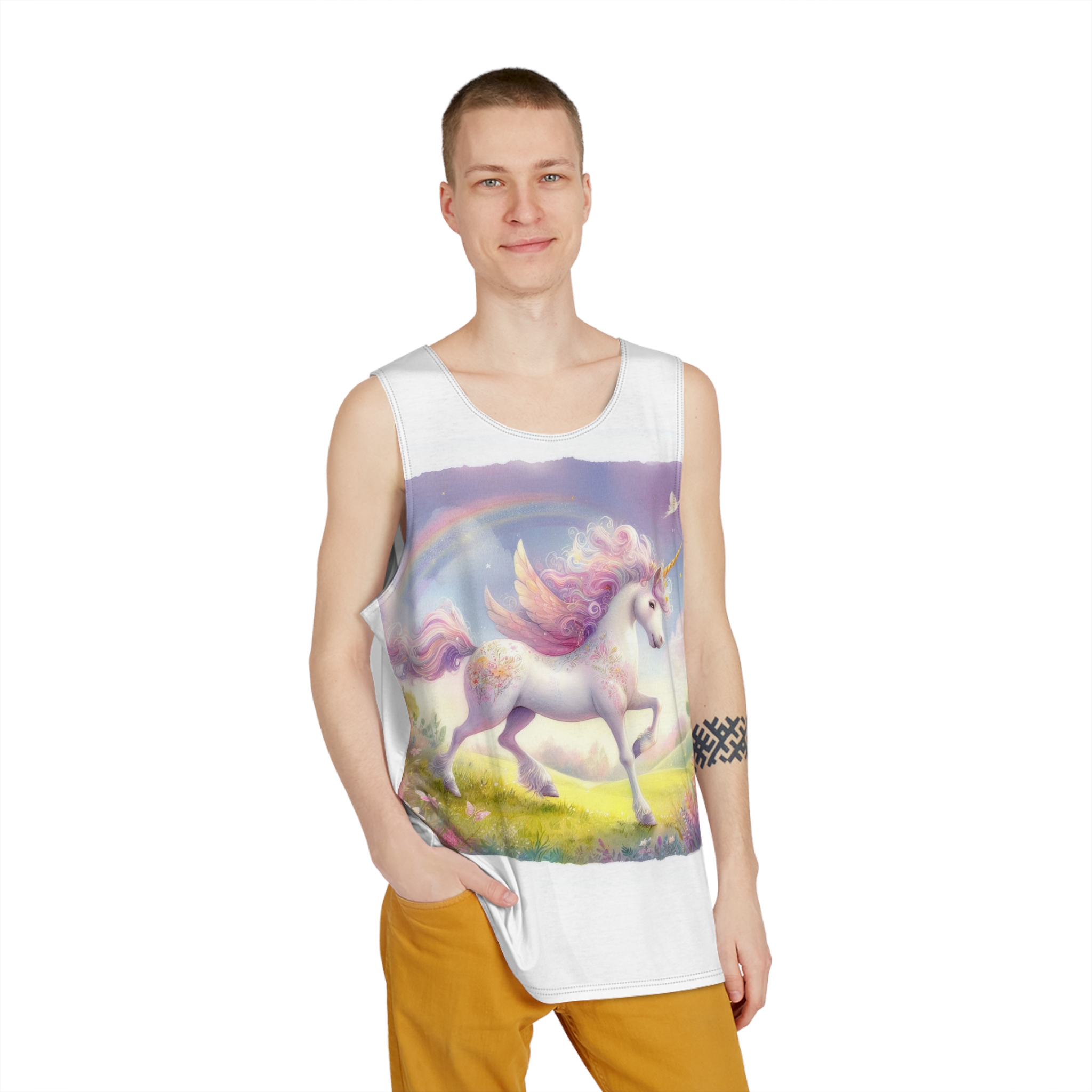 Beautiful Unicorn Running Magical Meadow Unicorn Background Images Whimsical Unicorn (10) Mens Tank Aop - Image 3
