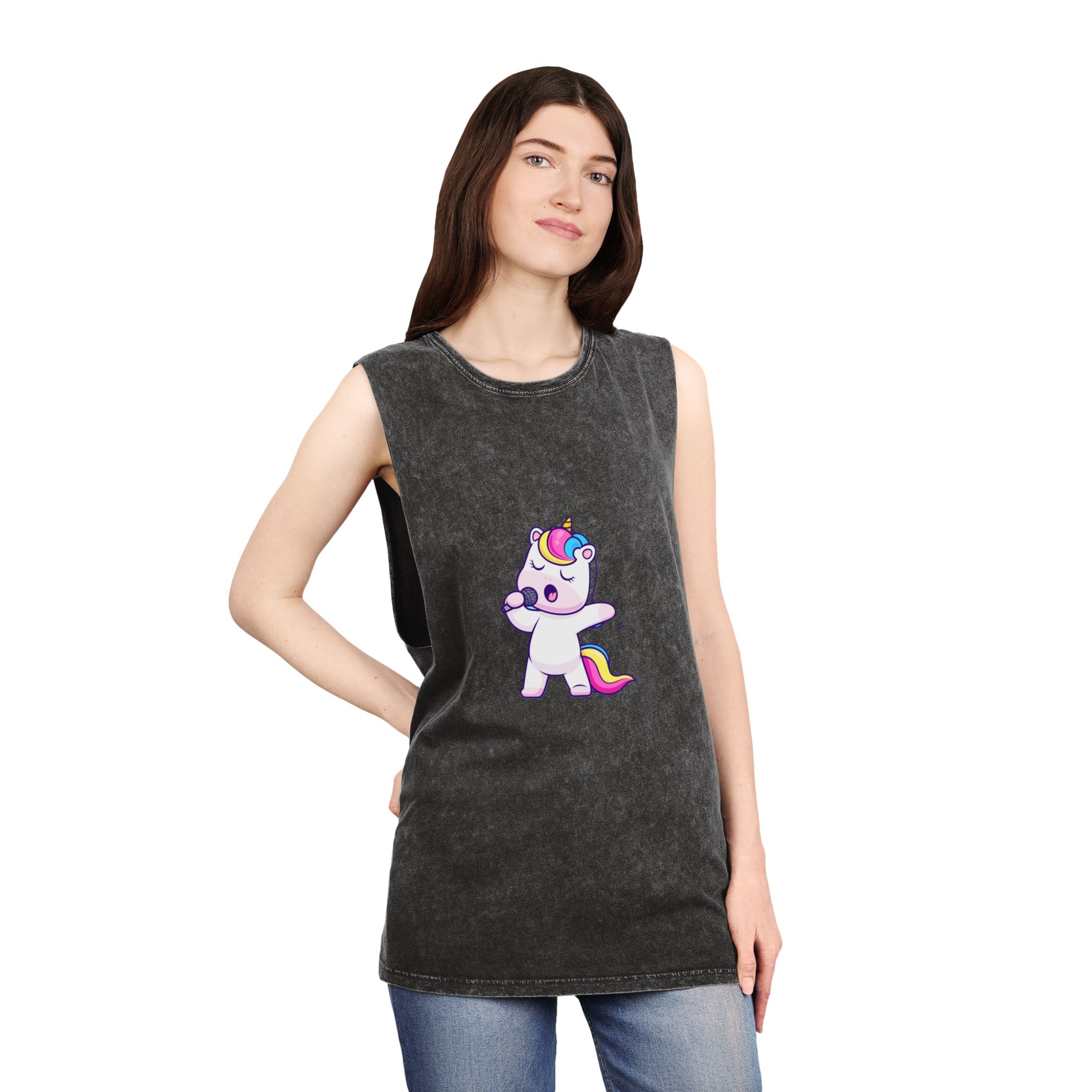 Cute Unicorn Singing Unisex Stonewash Tank Top - Image 4