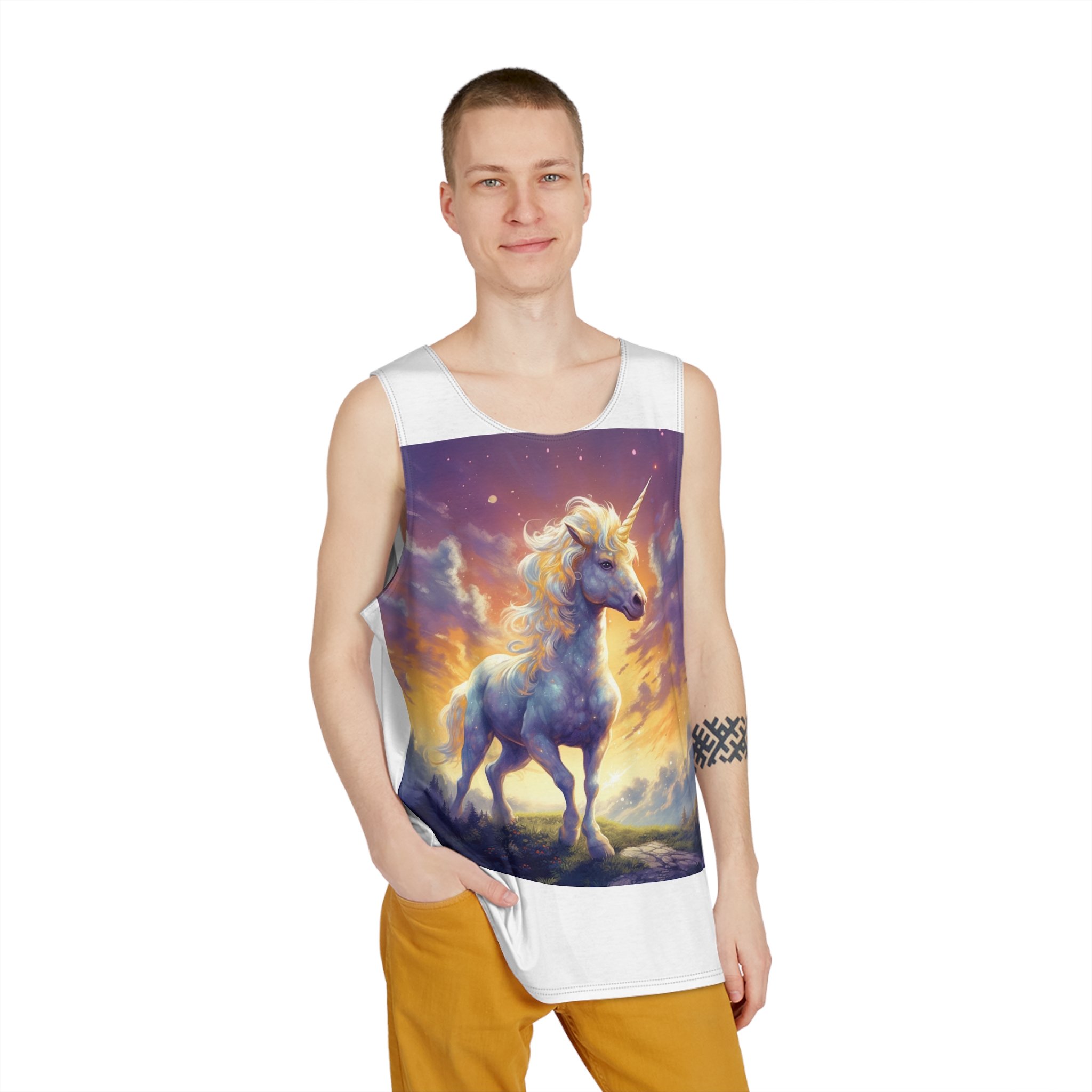 Painting Unicorn Standing Hill With Sunset Background Generative Ai (1) Mens Tank Aop - Image 3