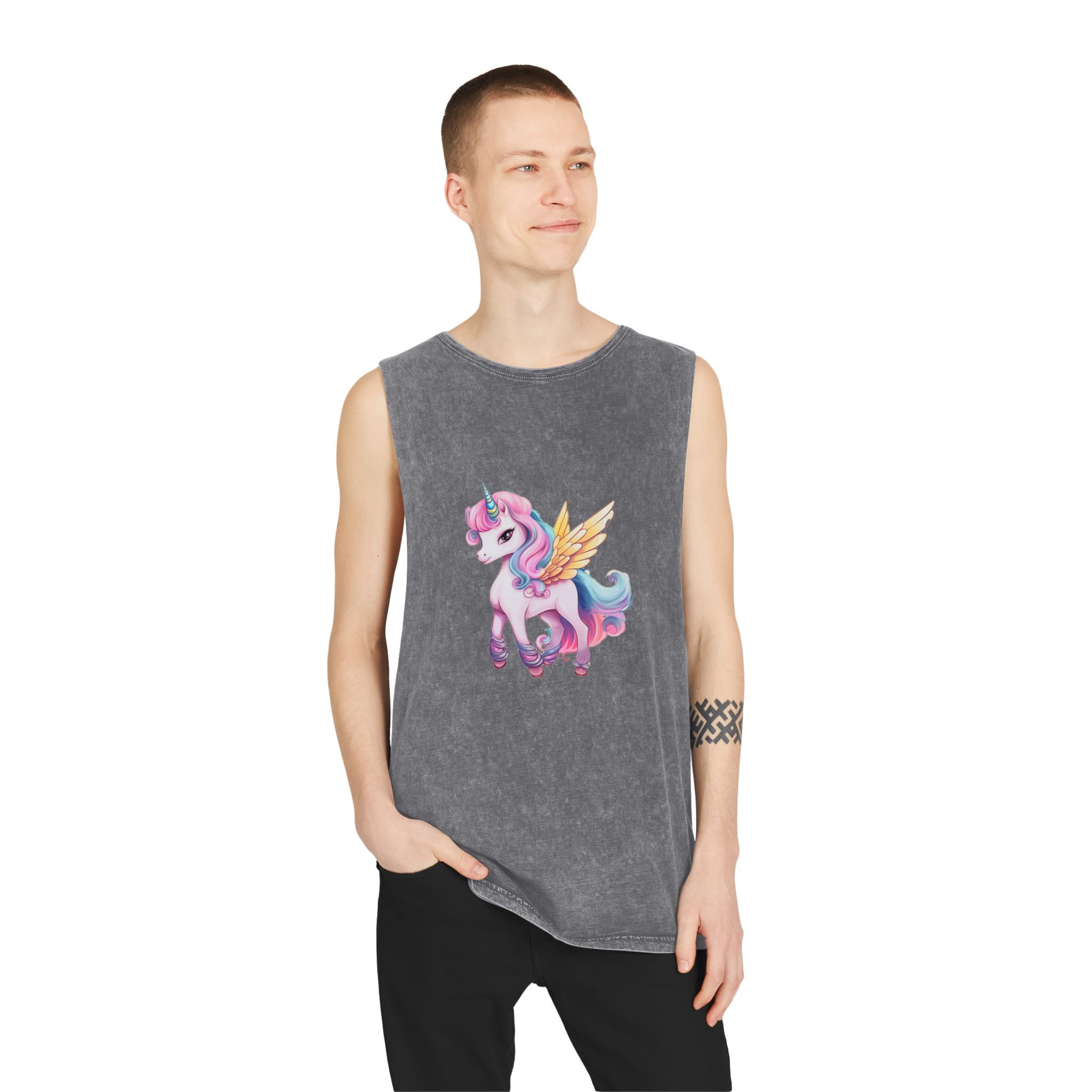 There Is Cartoon Unicorn With Pink Mane Blue Tail Generative Ai Unisex Stonewash Tank Top - Image 11