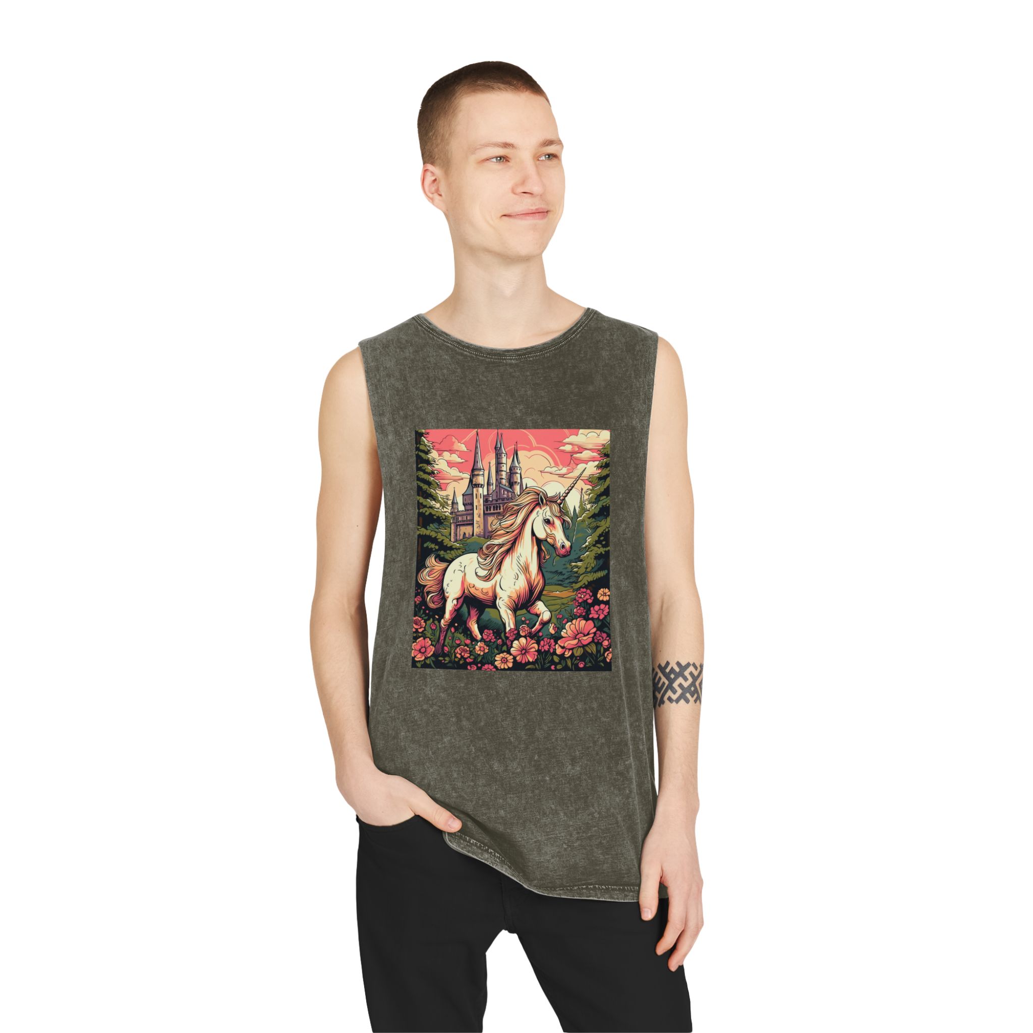 Unicorn Front Castle With Flowers Trees Generative Ai Unisex Stonewash Tank Top - Image 7