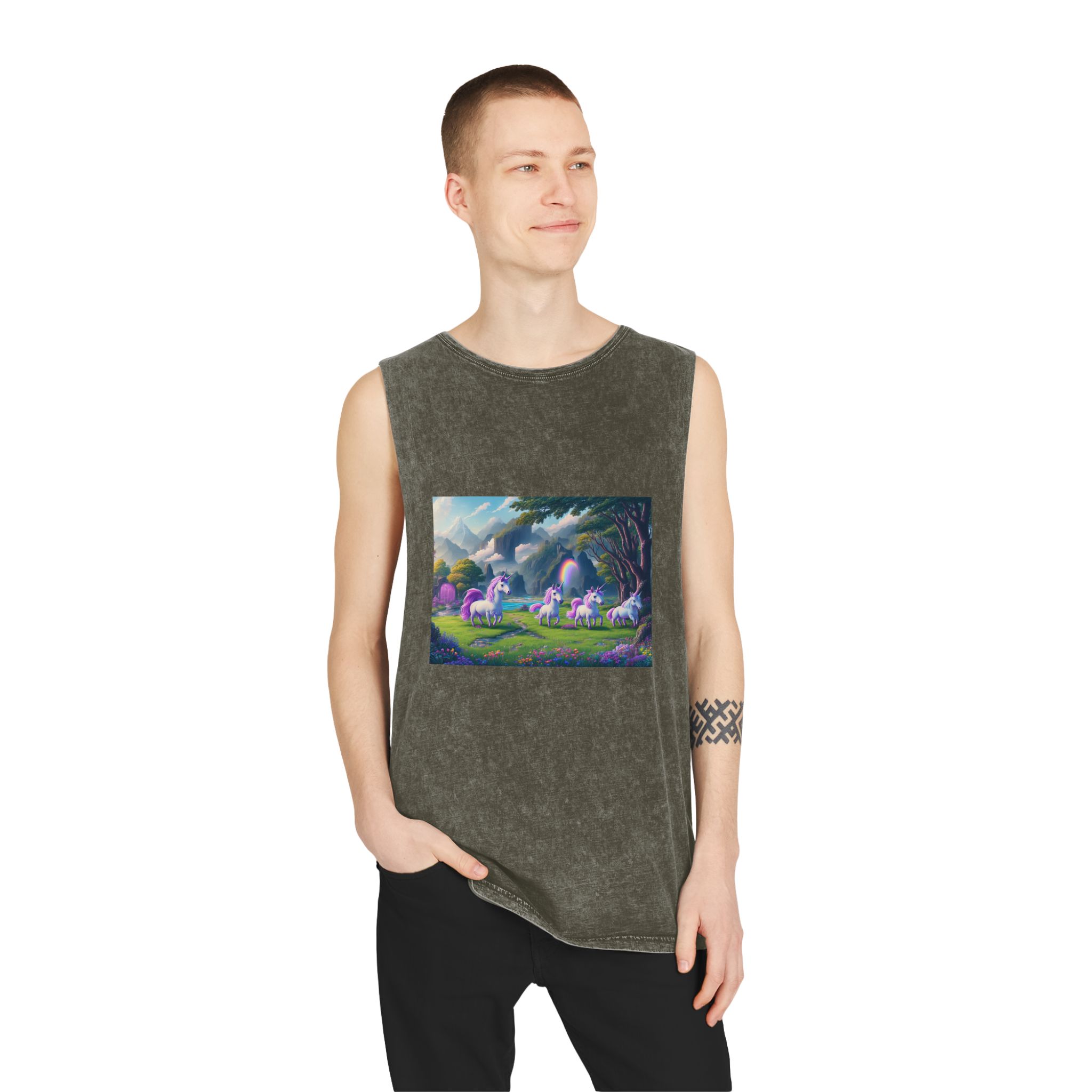 Painting Group Unicorns Landscape With Mountains Background Unisex Stonewash Tank Top - Image 7
