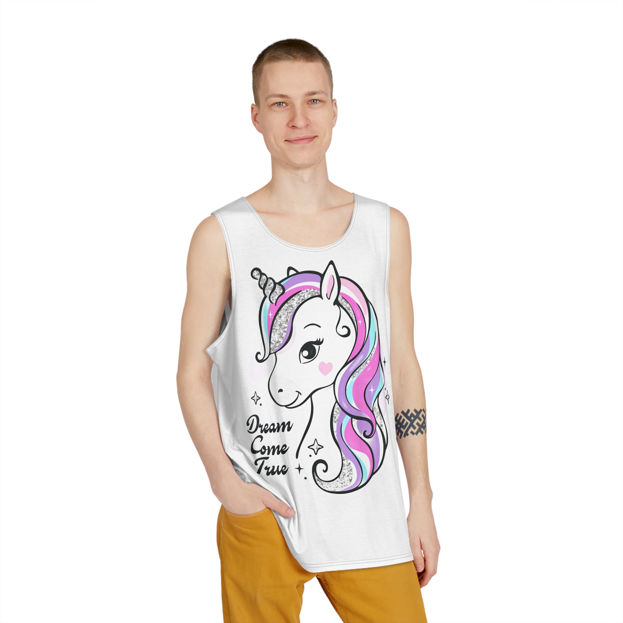 Art Beautiful Little Unicorn On A White Background Sequins Print For Clothes and T Shirts Vector Illustration Cartoon Mens Tank Aop - Image 3