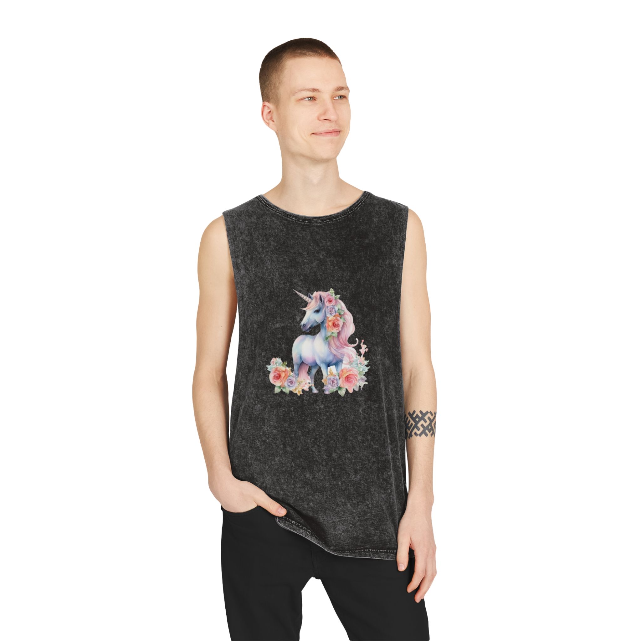 There Is Unicorn With Long Mane Flowers It Generative Ai Unisex Stonewash Tank Top - Image 3