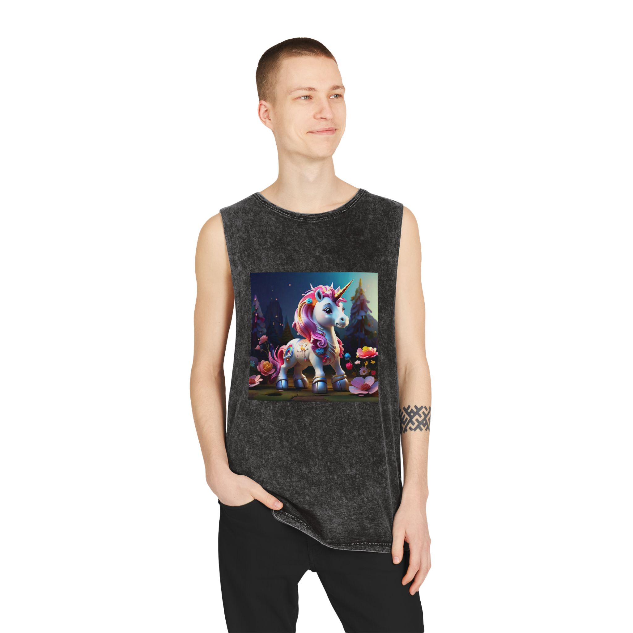 Animated Unicorn Children Generated By Ai (16) Unisex Stonewash Tank Top - Image 3