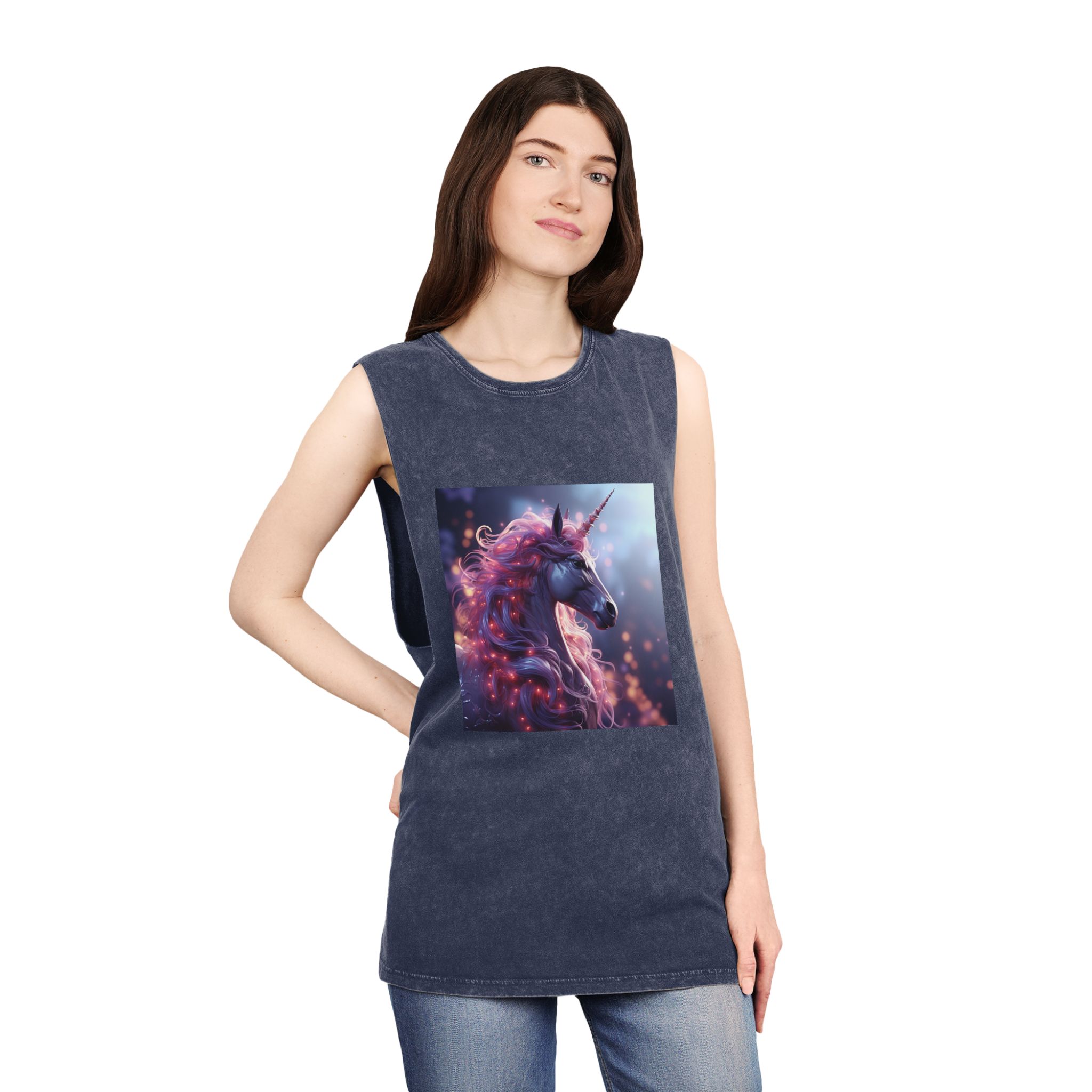 Pink 3d Mythical Unicorn With Lights Mane Unisex Stonewash Tank Top - Image 16