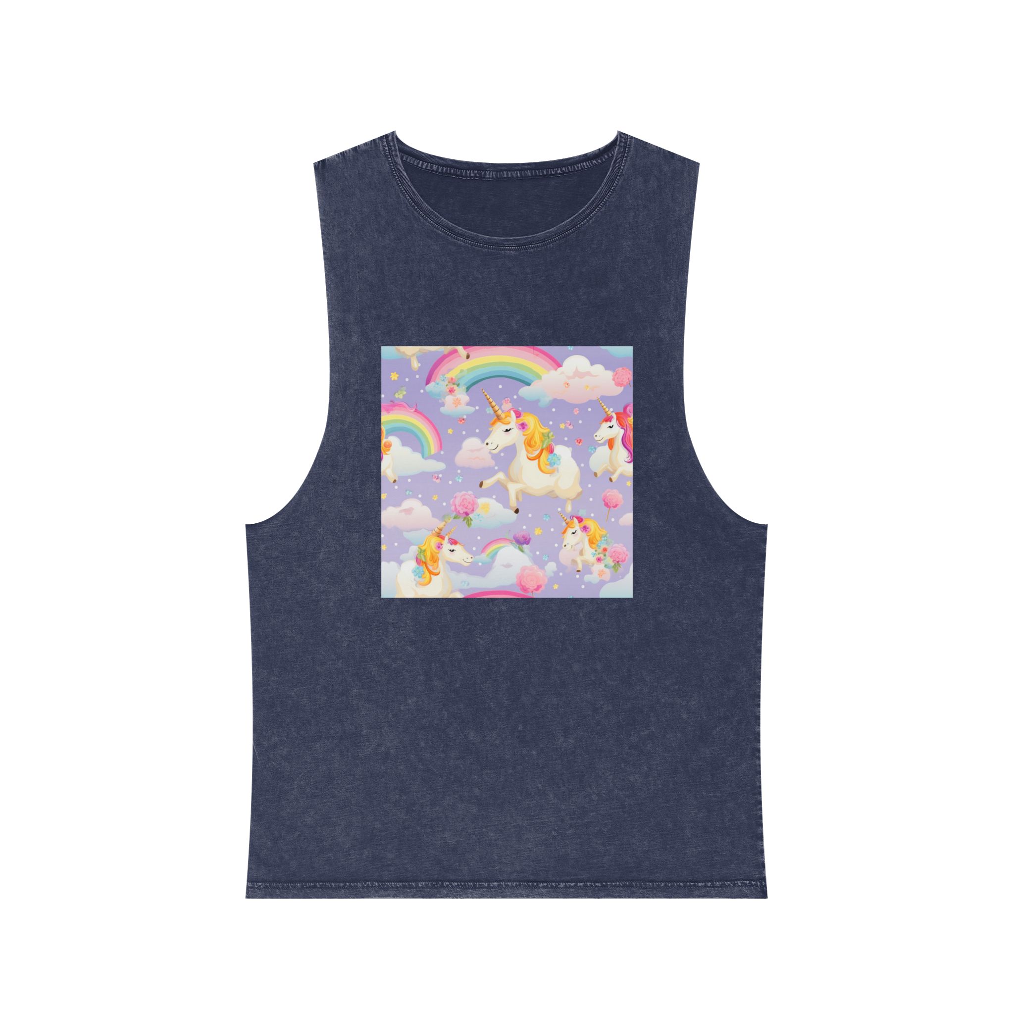 Playful Unicorns Among Flowers Clouds Rainbows Ice Creams Pastel Background (5) Unisex Stonewash Tank Top - Image 13
