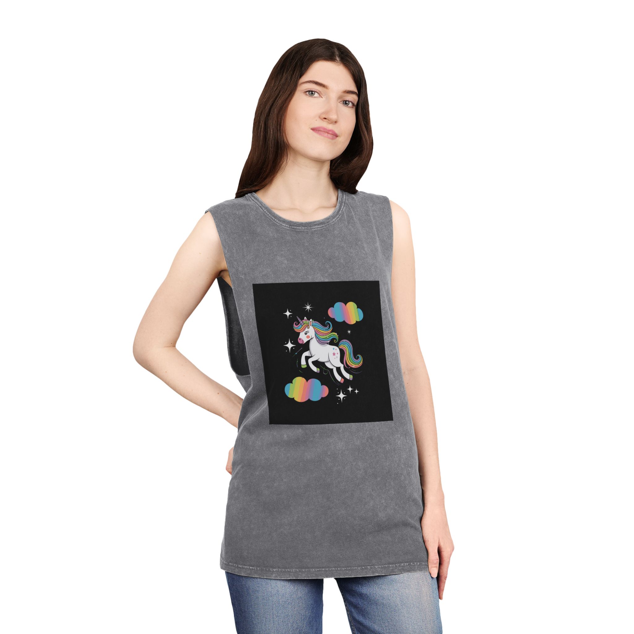 Rainbow With Rainbow It Words Unicorn Bottom Unisex Stonewash Tank Top - Image 12