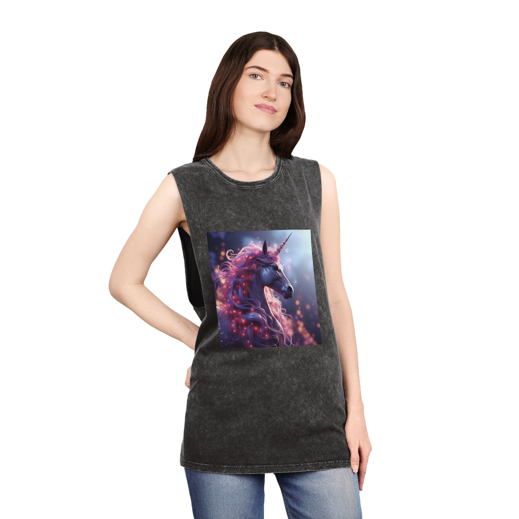 Pink 3d Mythical Unicorn With Lights Mane Unisex Stonewash Tank Top - Image 4