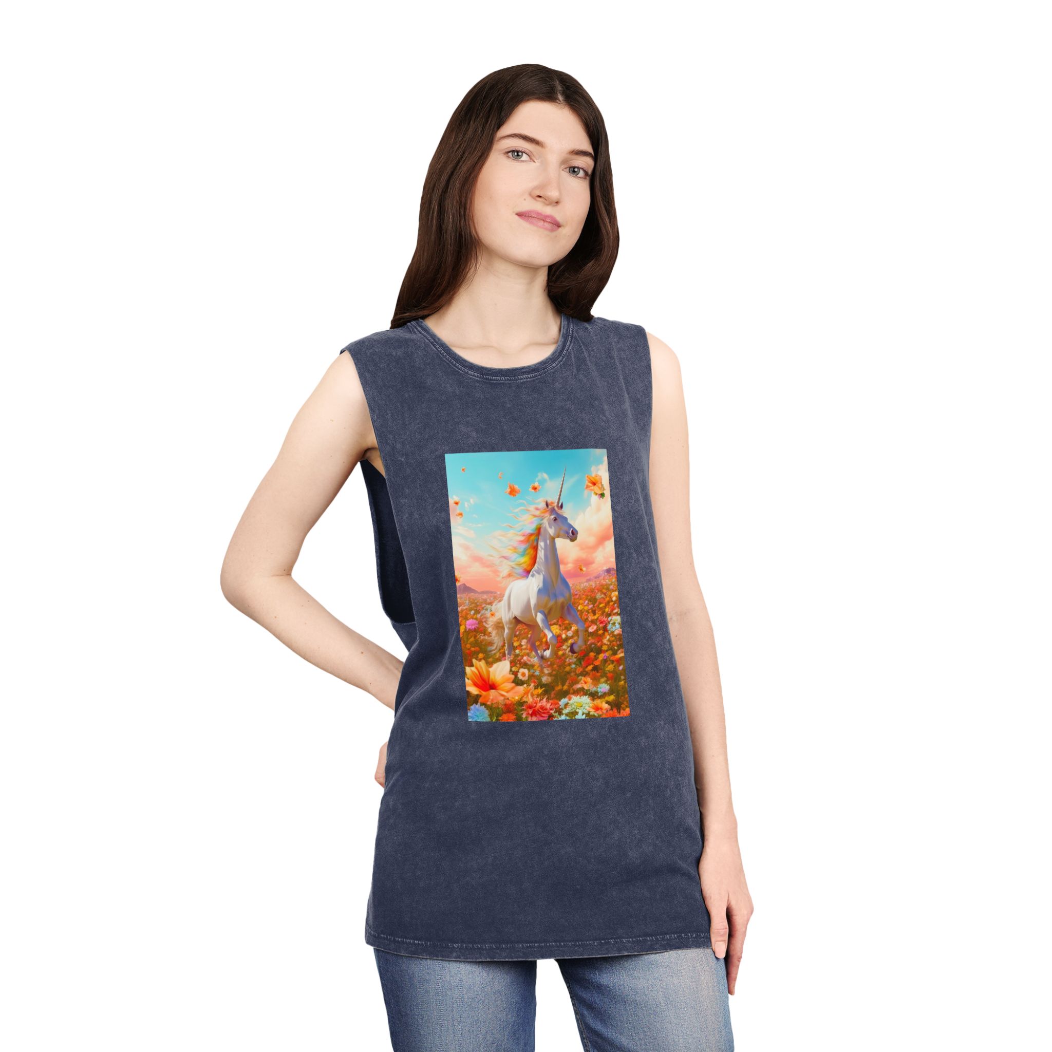 Image White Unicorn Running Through Field Wildflowers Generative Ai Unisex Stonewash Tank Top - Image 16