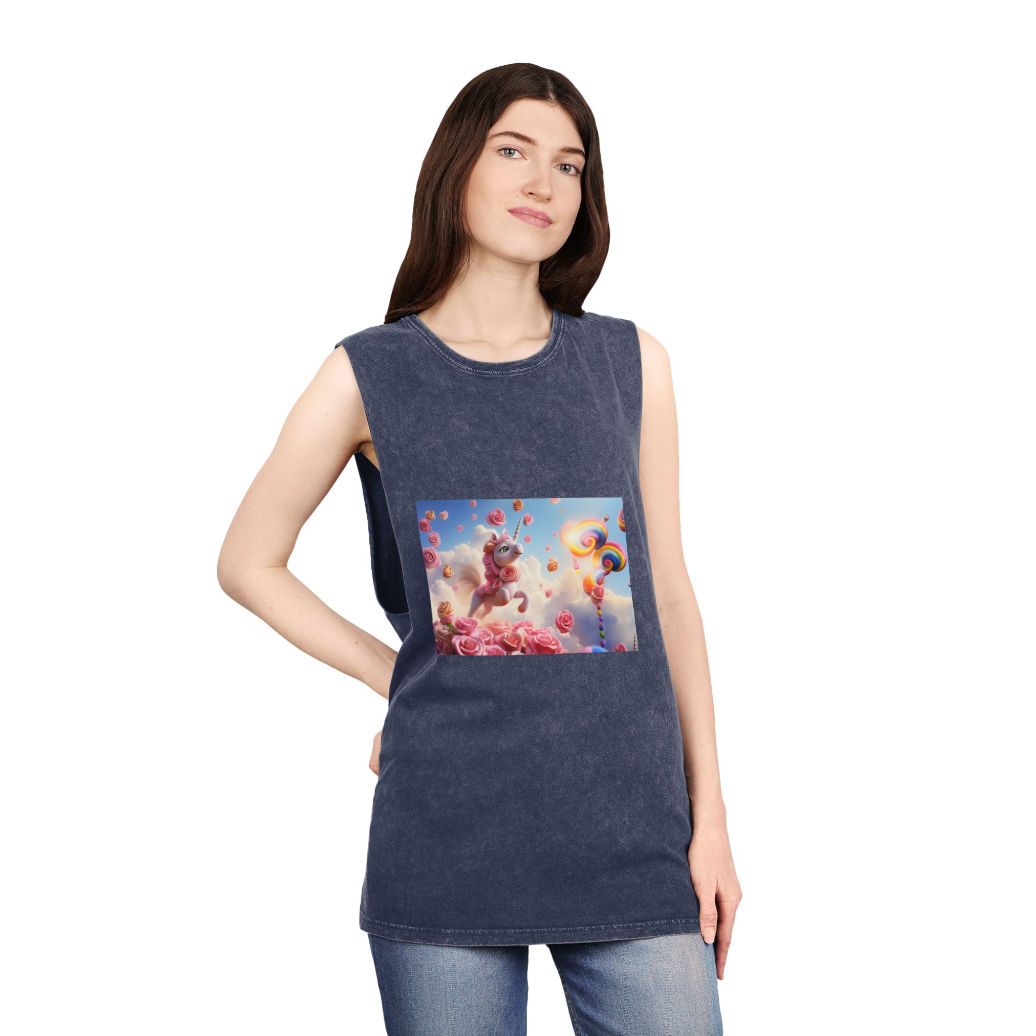 There Is Unicorn That Is Flying Through Air With Roses Generative Ai Unisex Stonewash Tank Top - Image 16