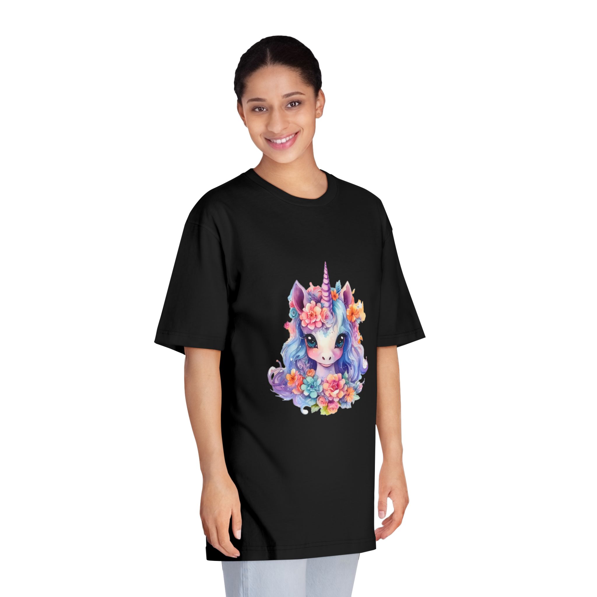 Cute Colorful Magic Unicorn With Flowers Watercolor Style (9) Unisex Classic Crewneck T Shirt - Image 7