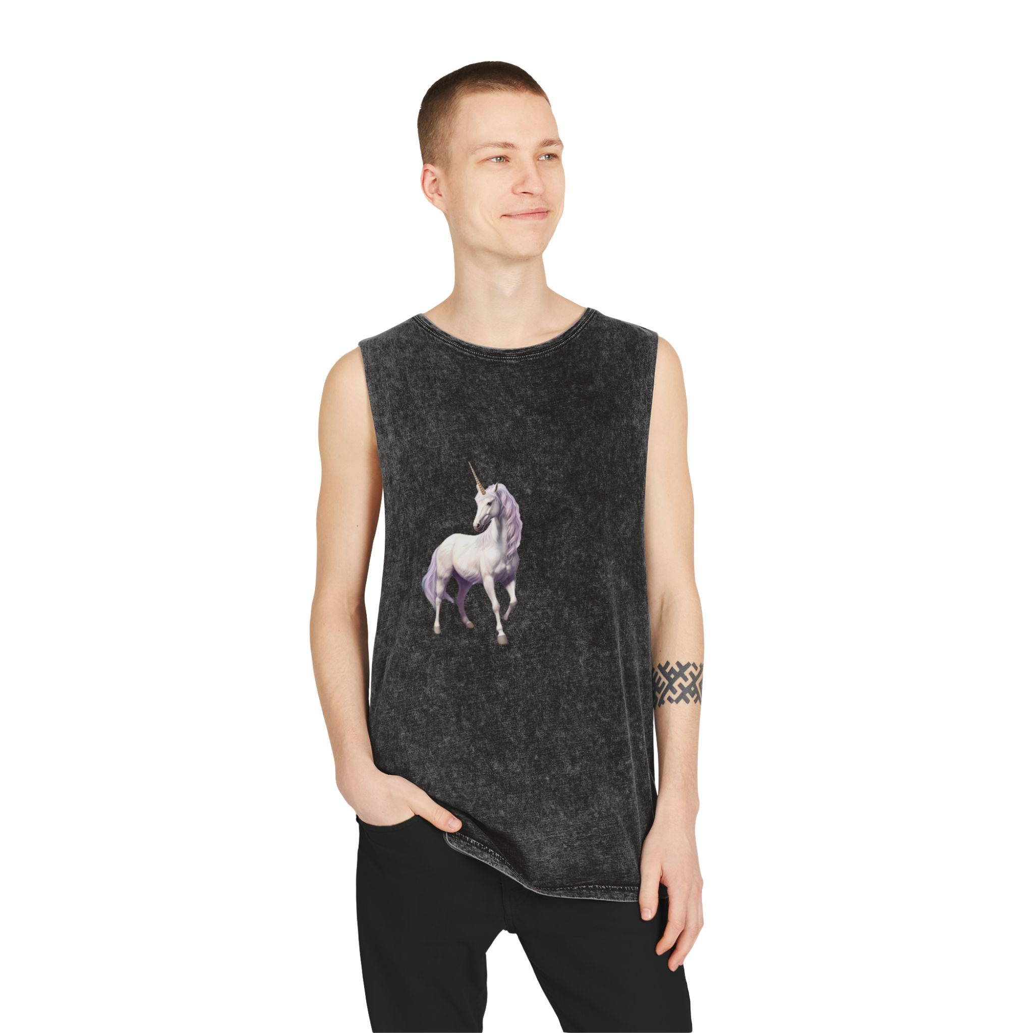 Unicorn Standing Field Flowers With Mountains Background Generative Ai Unisex Stonewash Tank Top - Image 3