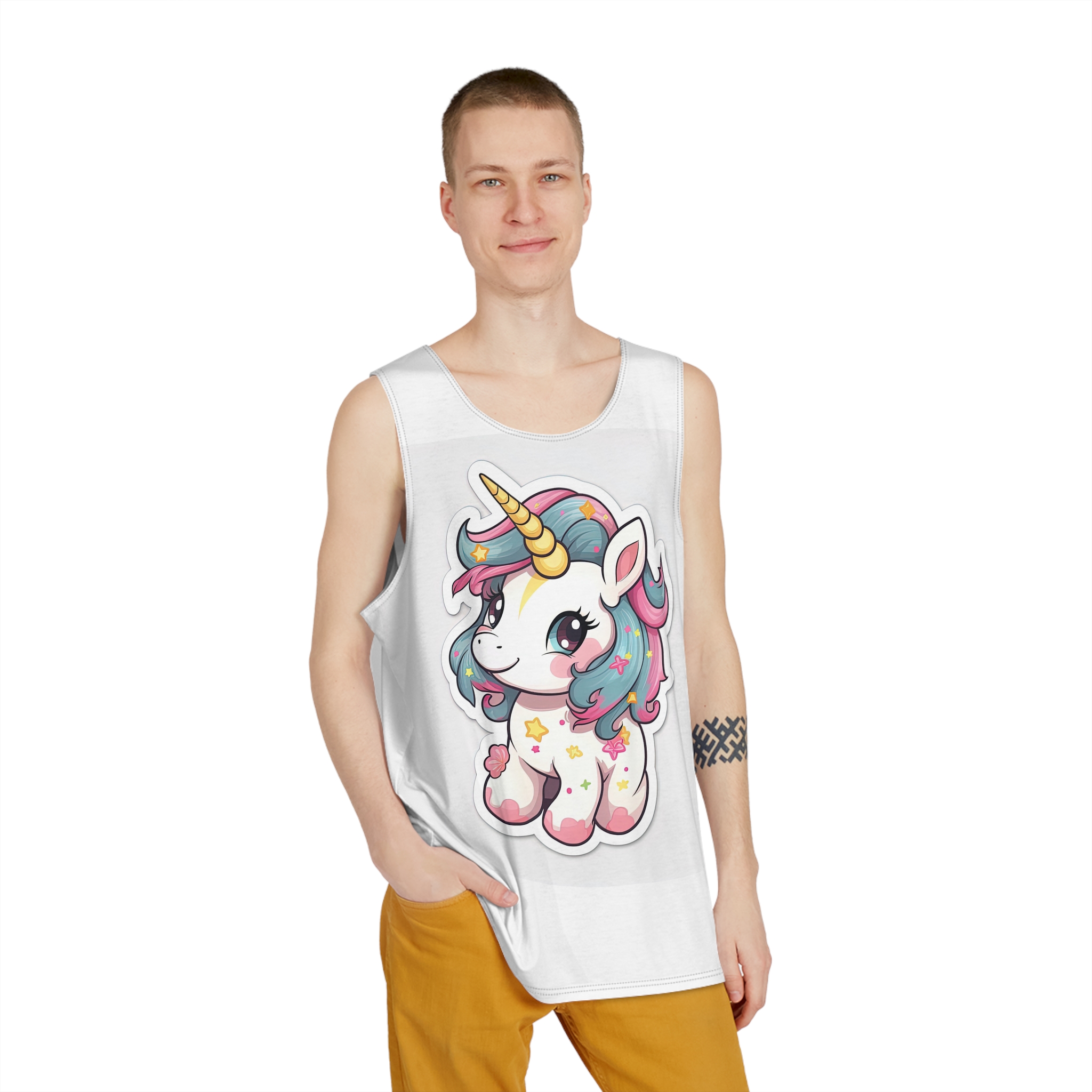 Cartoon Unicorn With Pink Mane Tail With Stars It Mens Tank Aop - Image 3