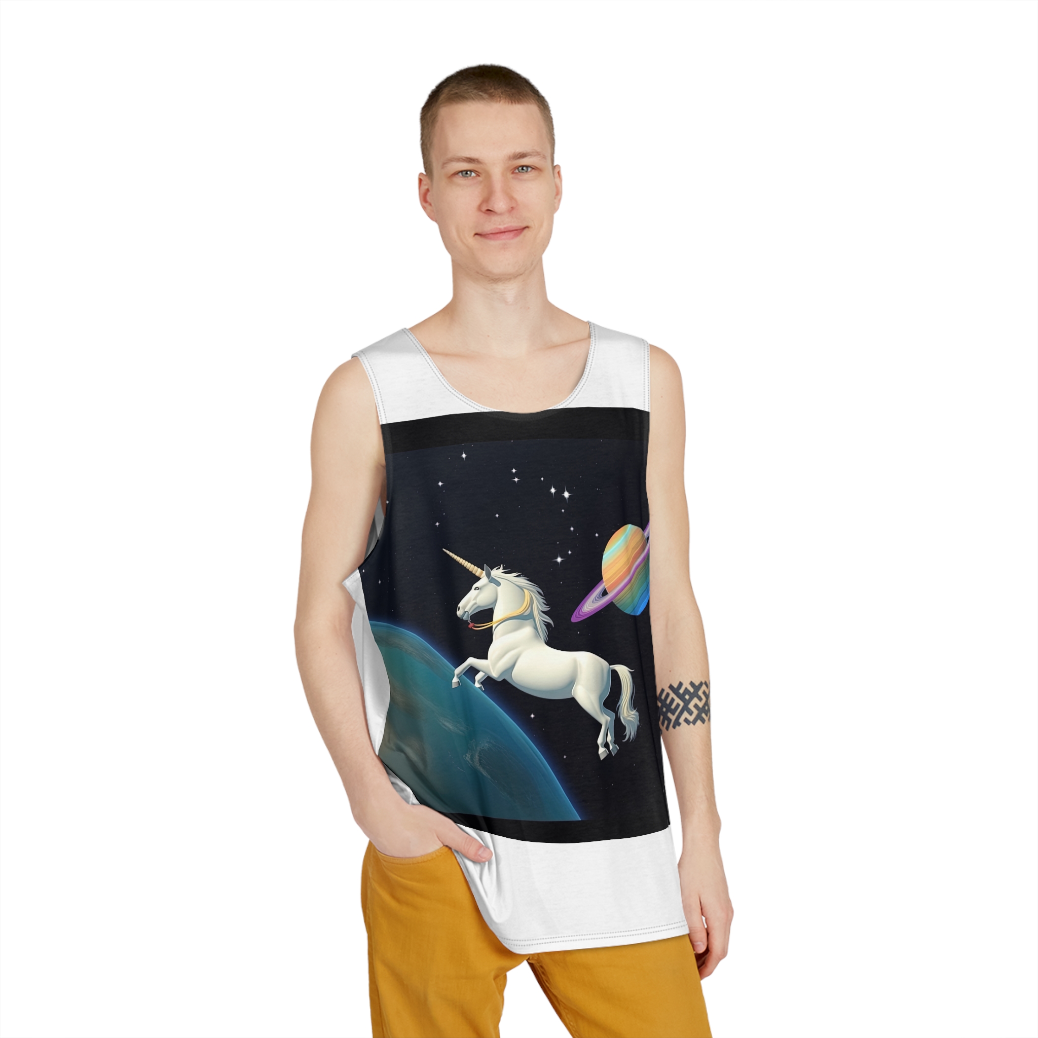 Picture White Unicorn With Rainbow It Mens Tank Aop - Image 3