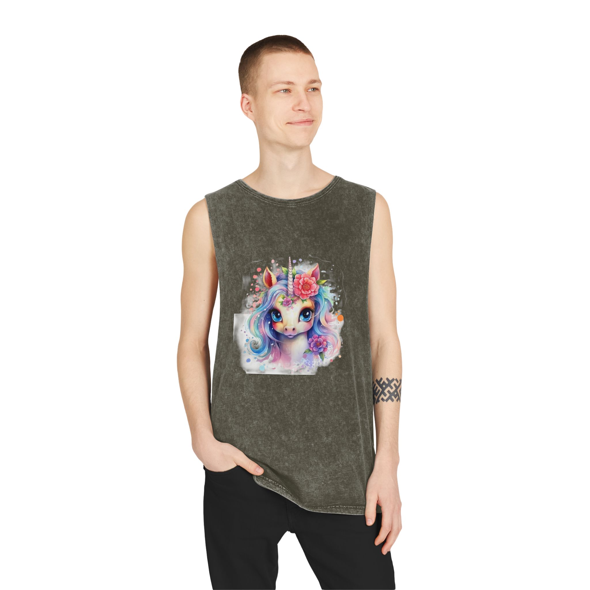 Cute Colorful Magic Unicorn With Flowers Watercolor Style (8) Copia Unisex Stonewash Tank Top - Image 7