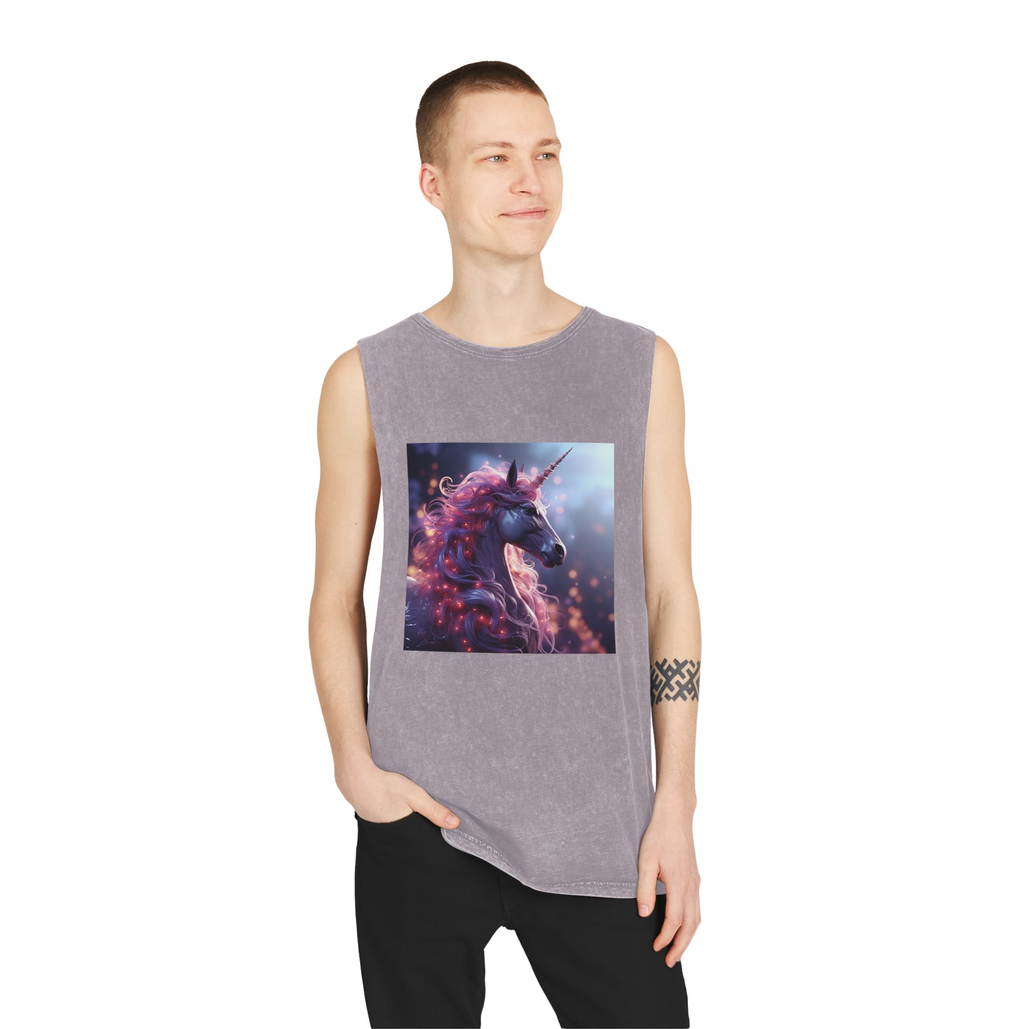 Pink 3d Mythical Unicorn With Lights Mane Unisex Stonewash Tank Top - Image 19