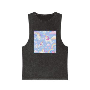 Playful Unicorns Among Flowers Clouds Rainbows Ice Creams Pastel Background (2) Unisex Stonewash Tank Top