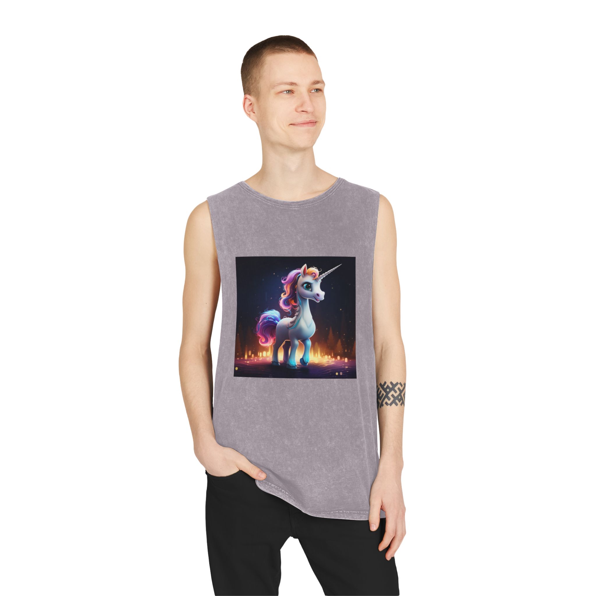 Unicorn Standing Wooden Platform With City Background Generative Ai Unisex Stonewash Tank Top - Image 19
