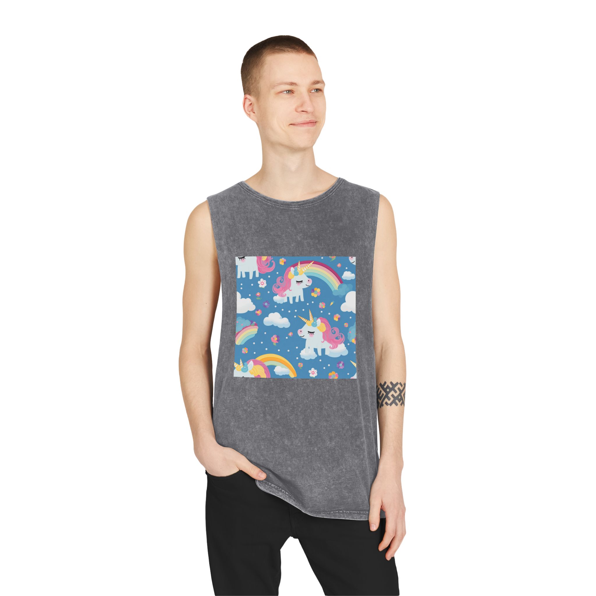 Playful Unicorns Flowers Clouds Rainbows Ice Creams Pastel Background (17) Unisex Stonewash Tank Top - Image 11
