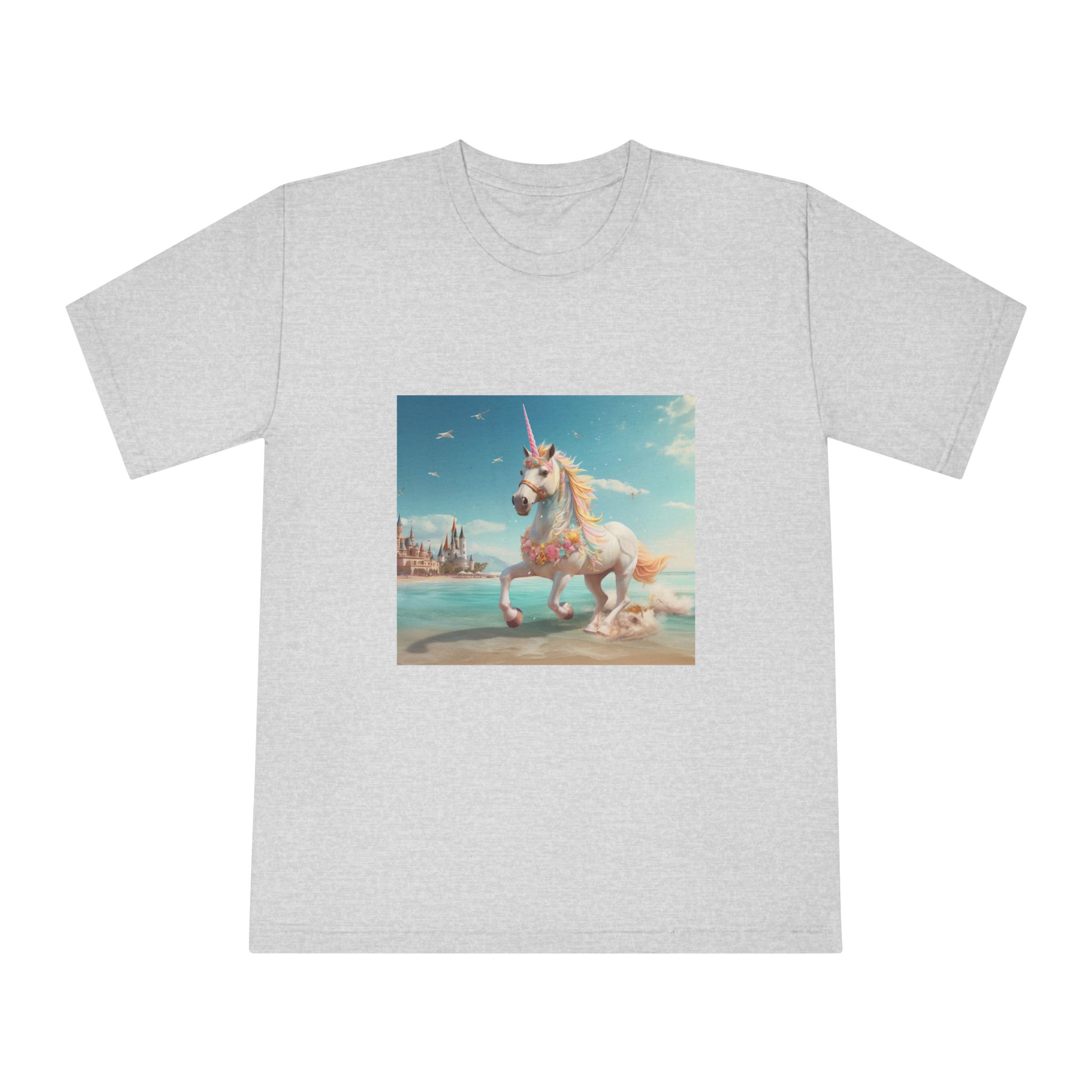 There Is Unicorn Running Beach With Castle Background Generative Ai Unisex Classic Crewneck T Shirt - Image 13