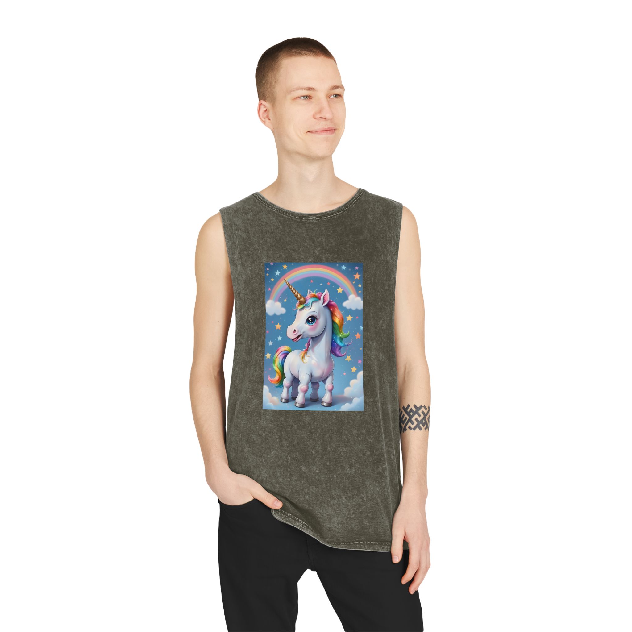Happy Unicorn Background Sky Rainbow Copy Unisex Stonewash Tank Top - Image 7