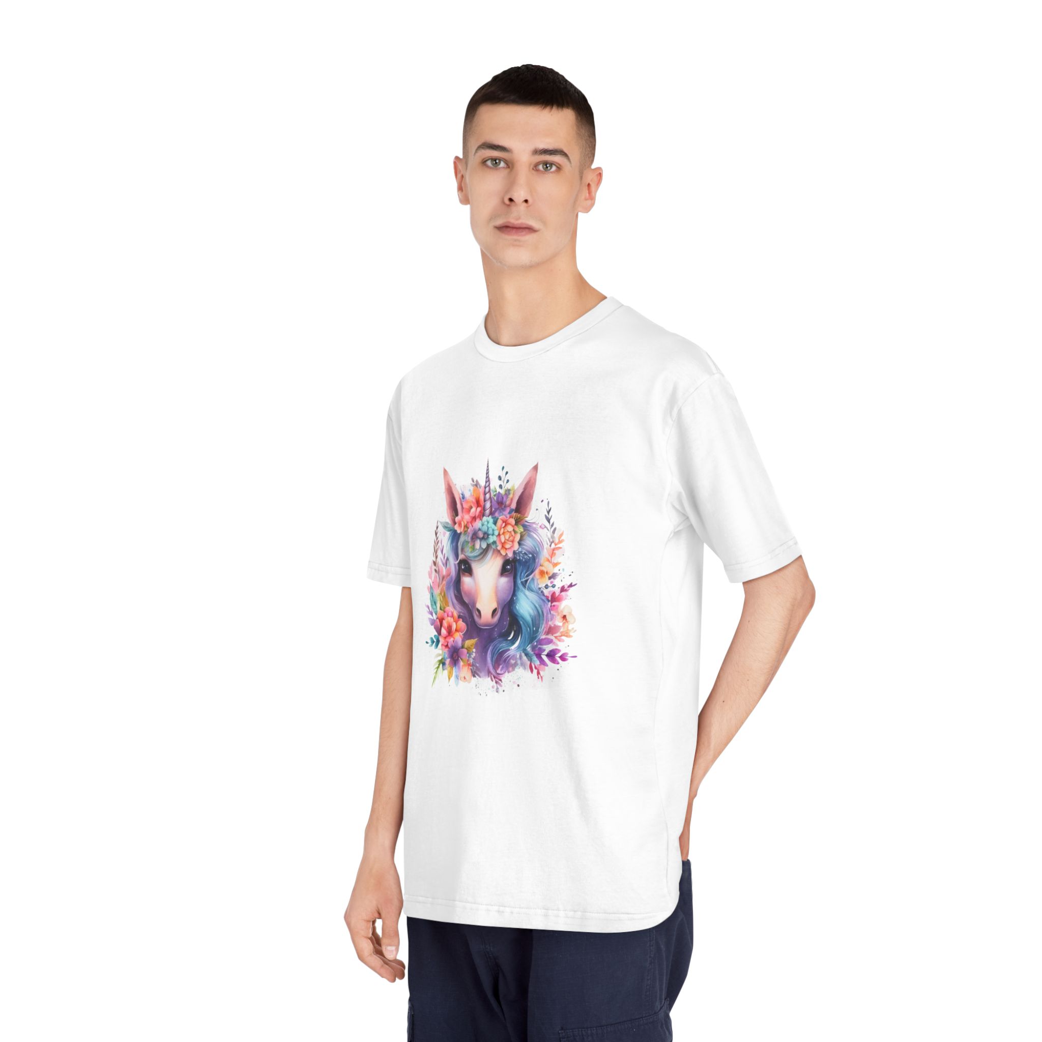 Cute Colorful Magic Unicorn With Flowers Watercolor Style (5) Unisex Classic Crewneck T Shirt - Image 4